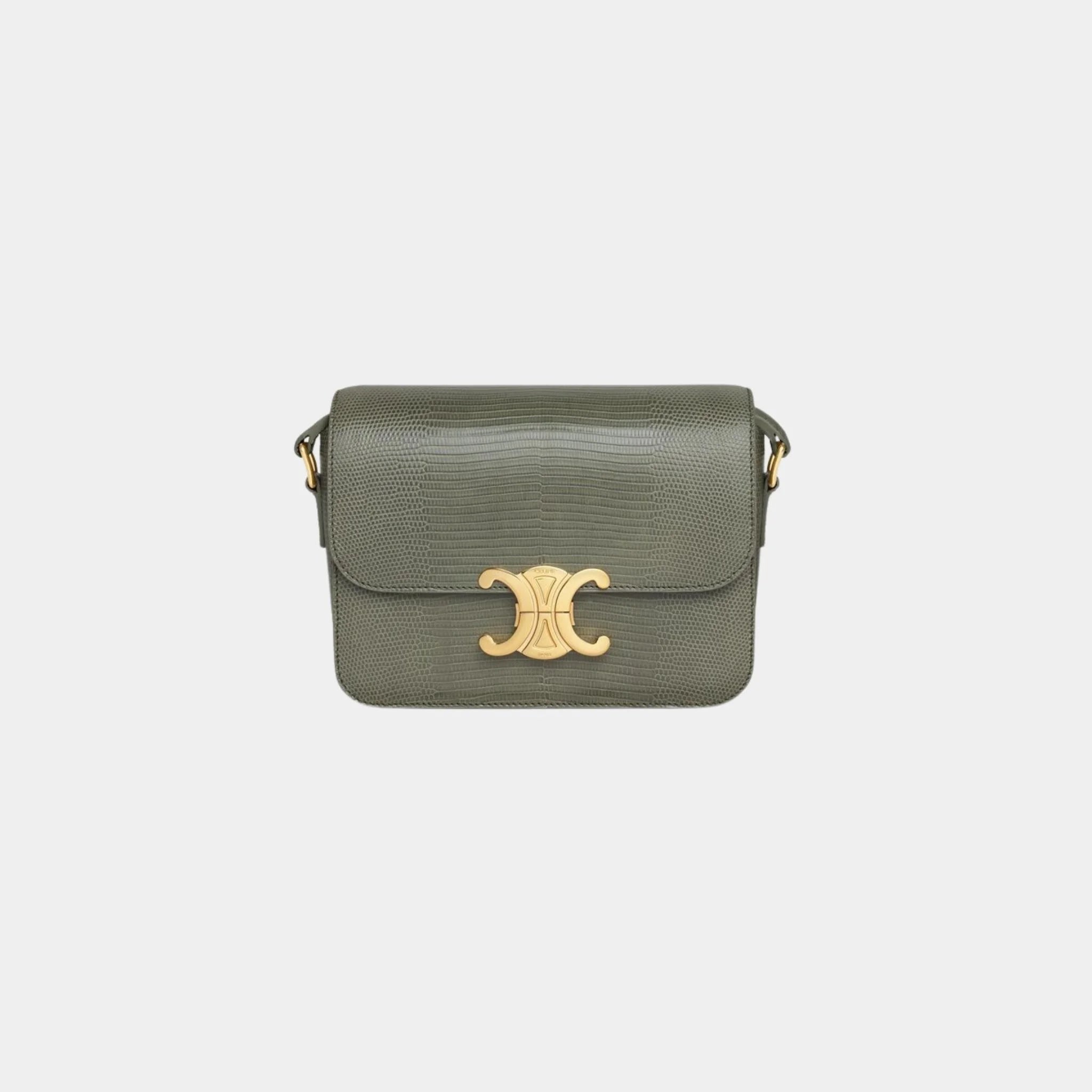 Celine Teen Triomphe Bag In Lizard, Vert Automne