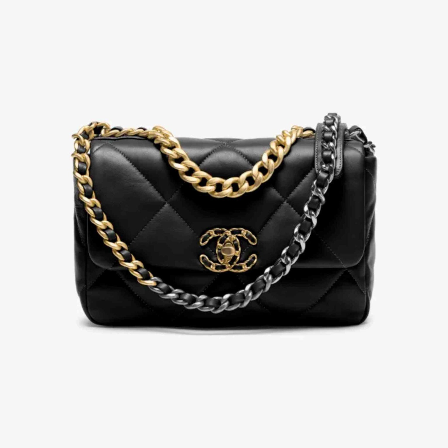 Chanel 19 Handbag Shiny Lambskin , Black, Front
