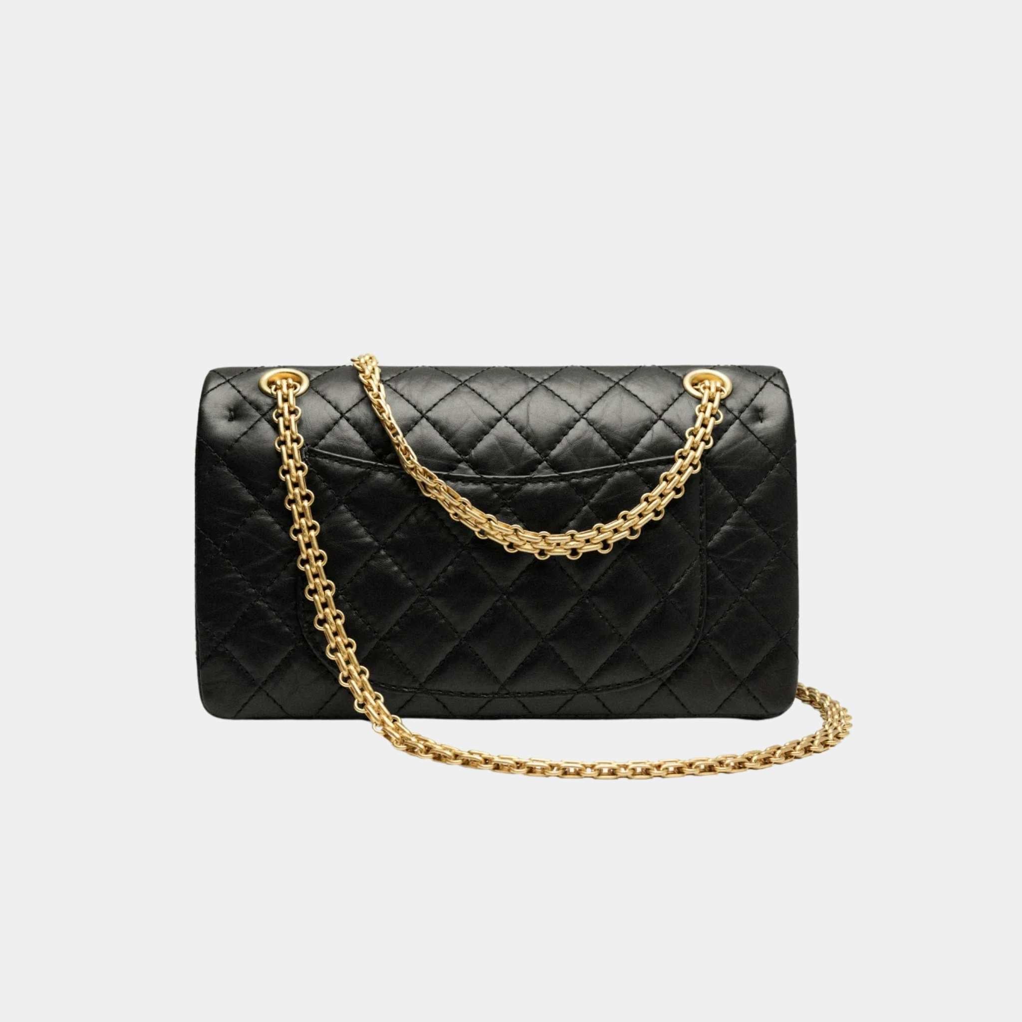 Chanel 2.55 Handbag Aged Calfskin Gold Tone Metal Black, Back