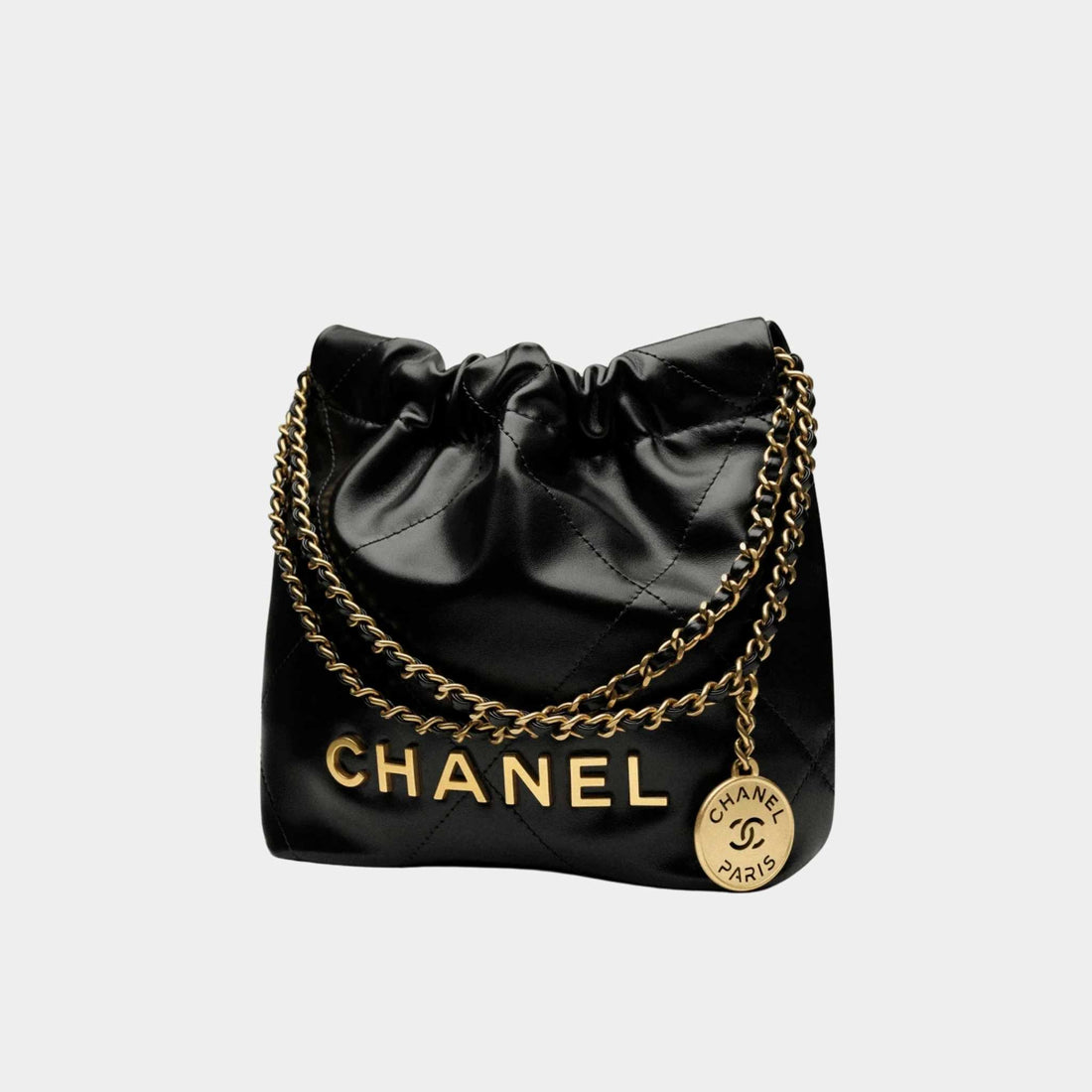 CHANEL 22 حقيبة يد من جلد عجل لامع بمعدن بلون ذهبي، أسود، من الجانب