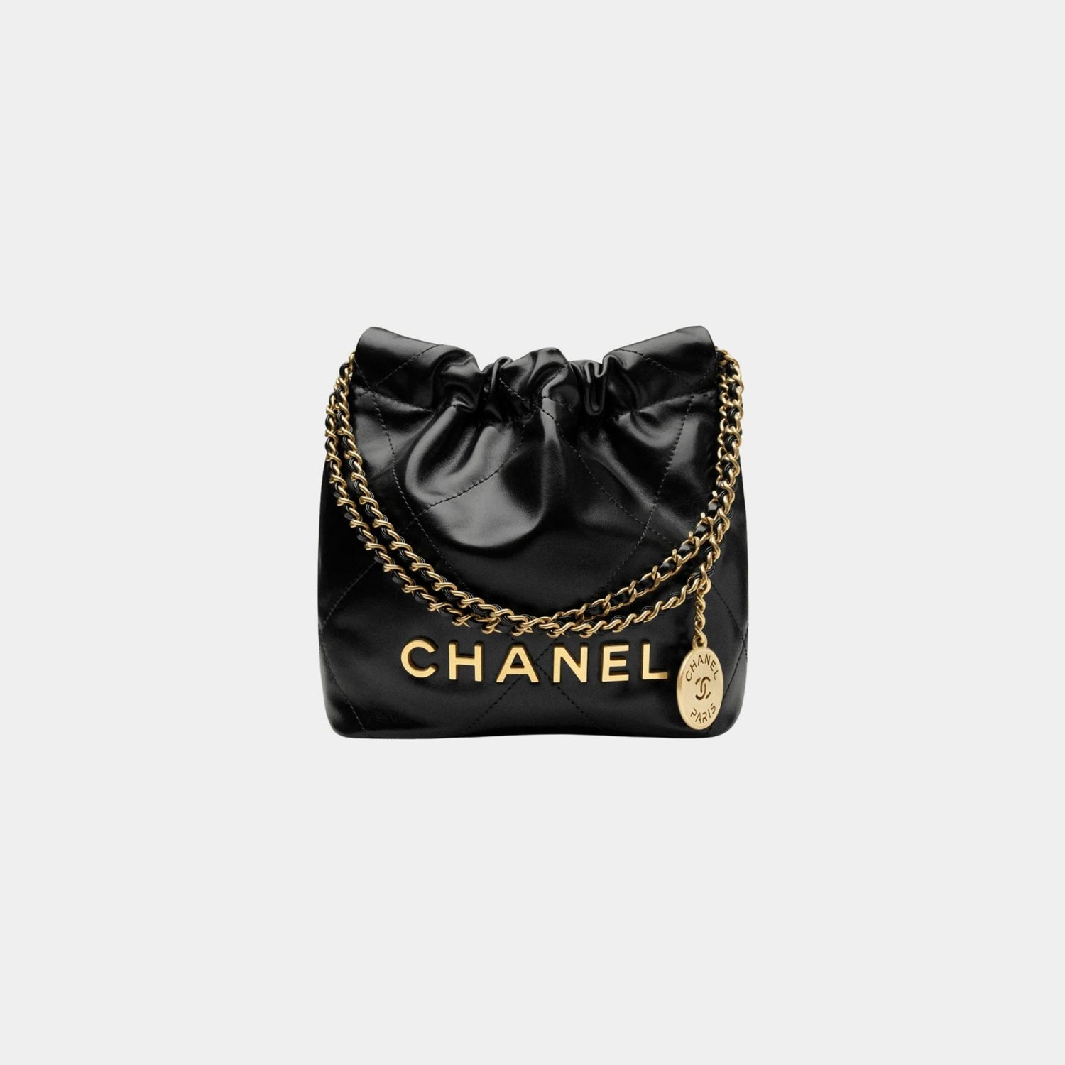 CHANEL 22 Mini Handbag Shiny Calfskin Gold Tone Metal Black, Front