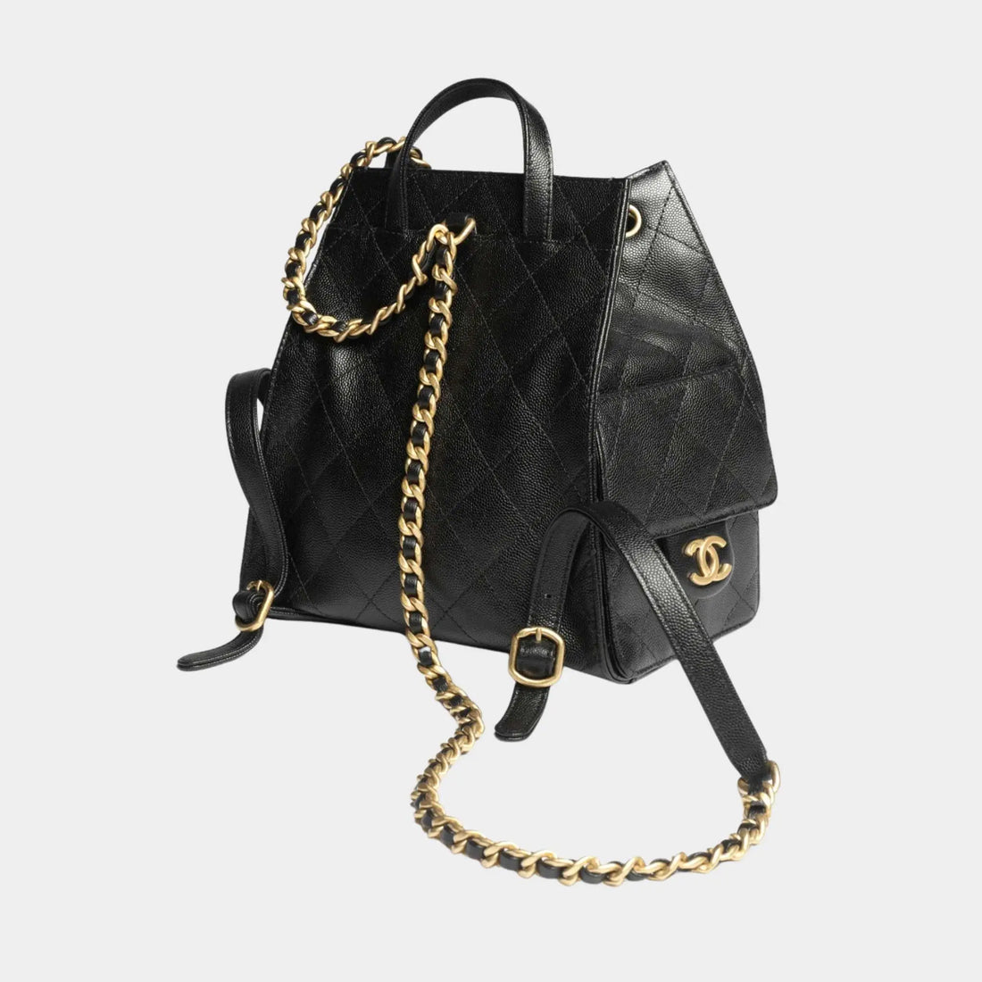 Chanel حقيبة ظهر متوسطة 25 من جلد العجل المحبب ومعدن بلون ذهبي، من الخلف