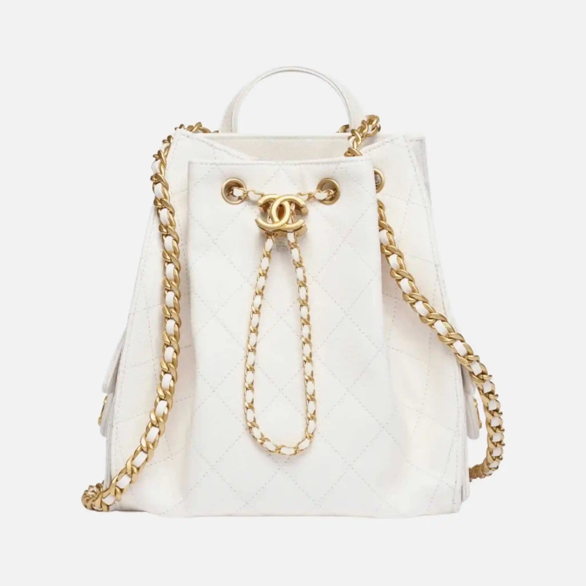Chanel 25 Medium Backpack Grained Calfskin Gold Tone Metal, White, Front