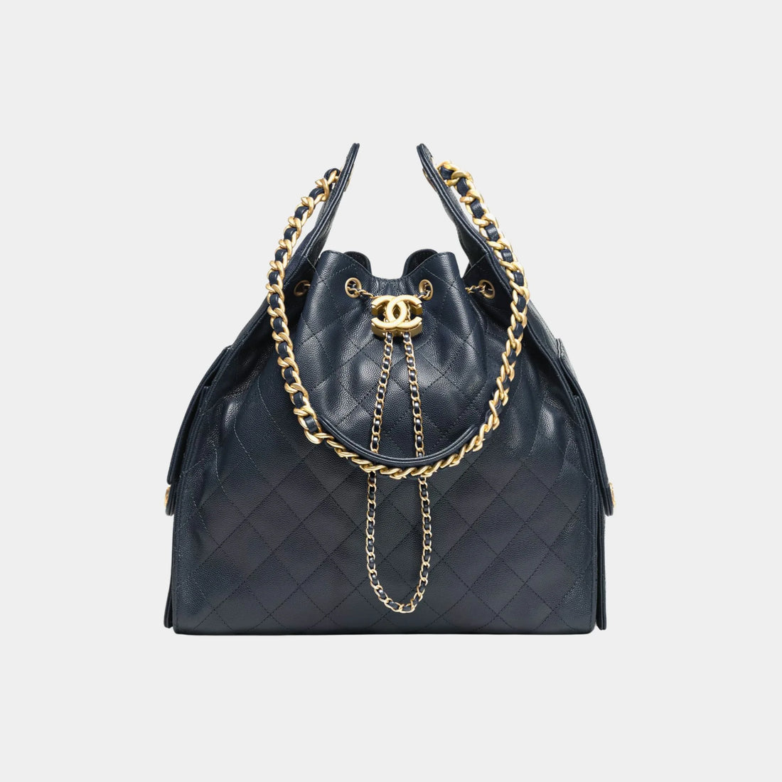 Chanel 25 Medium Handbag Grained Calfskin &amp; Gold tone Metal Dark Blue, Front 