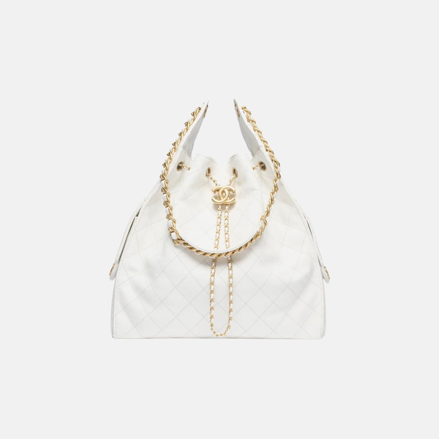 Chanel 25 Medium Handbag Grained Calfskin And Gold-Tone Metal, White, Front View