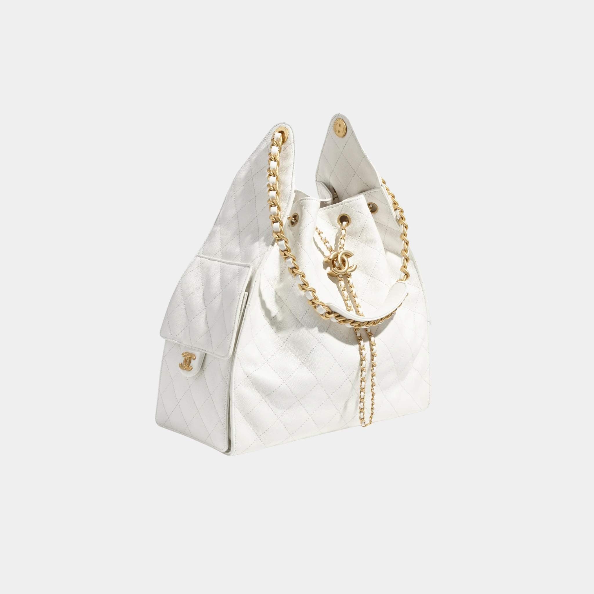 Chanel 25 Medium Handbag Grained Calfskin And Gold-Tone Metal, White, Front