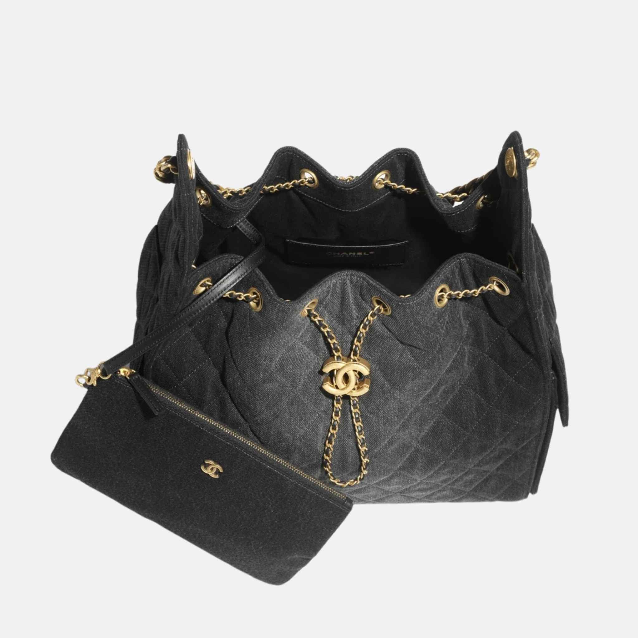 Chanel 25 Medium Handbag Washed Denim And Gold Tone Metal, Black, Inside