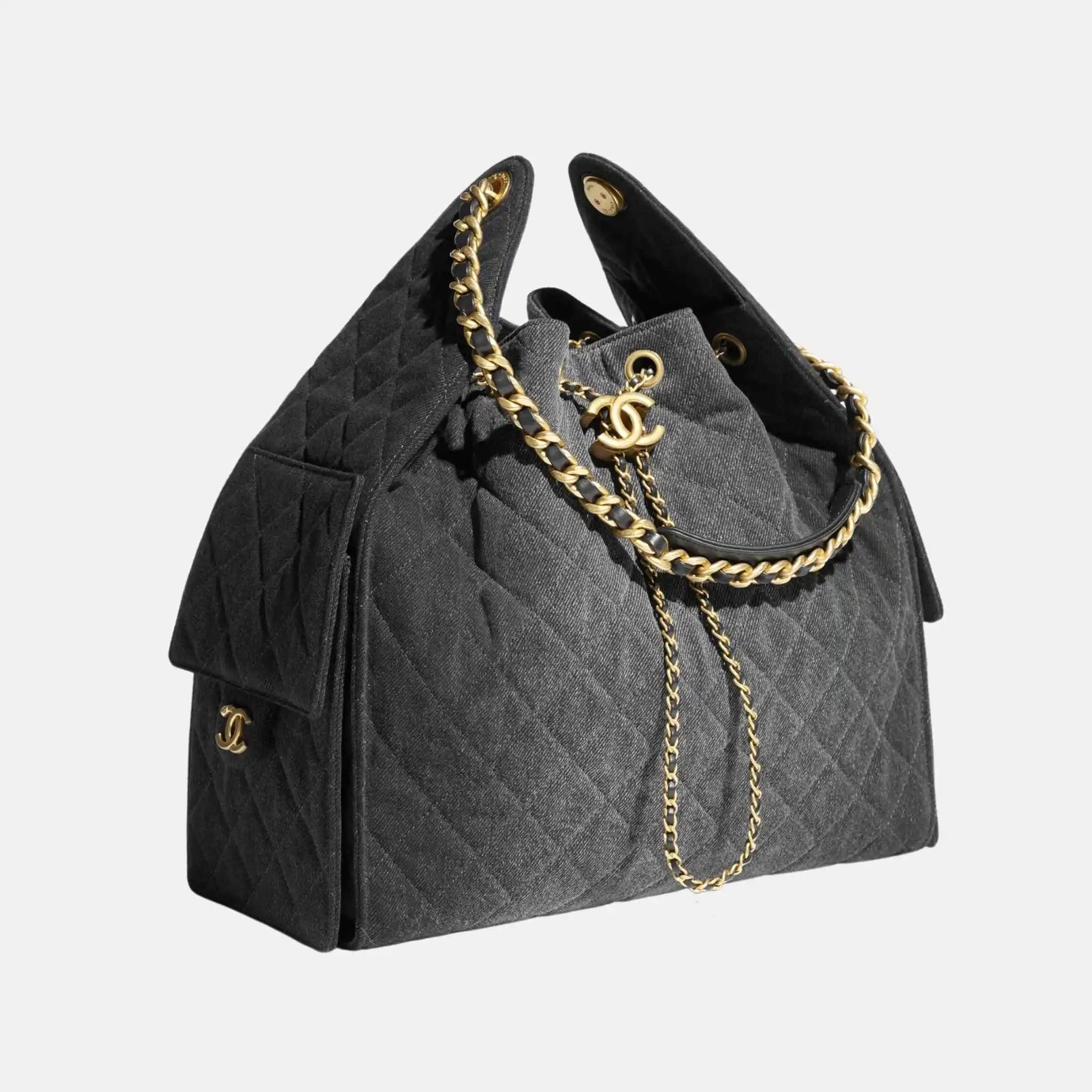 Chanel 25 Medium Handbag Washed Denim And Gold Tone Metal, Black, Side