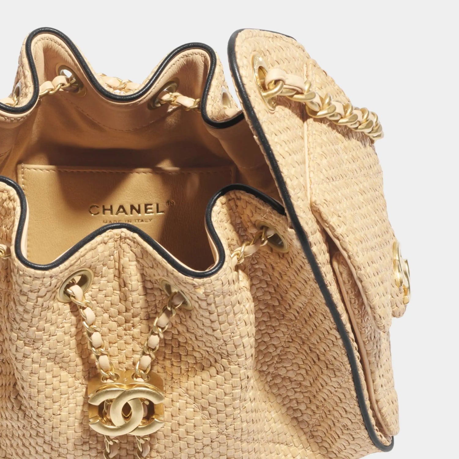 Chanel 25 Mini Handbag Braided Raffia Calfskin &amp; Gold Tone Metal, Beige and Black, Interior