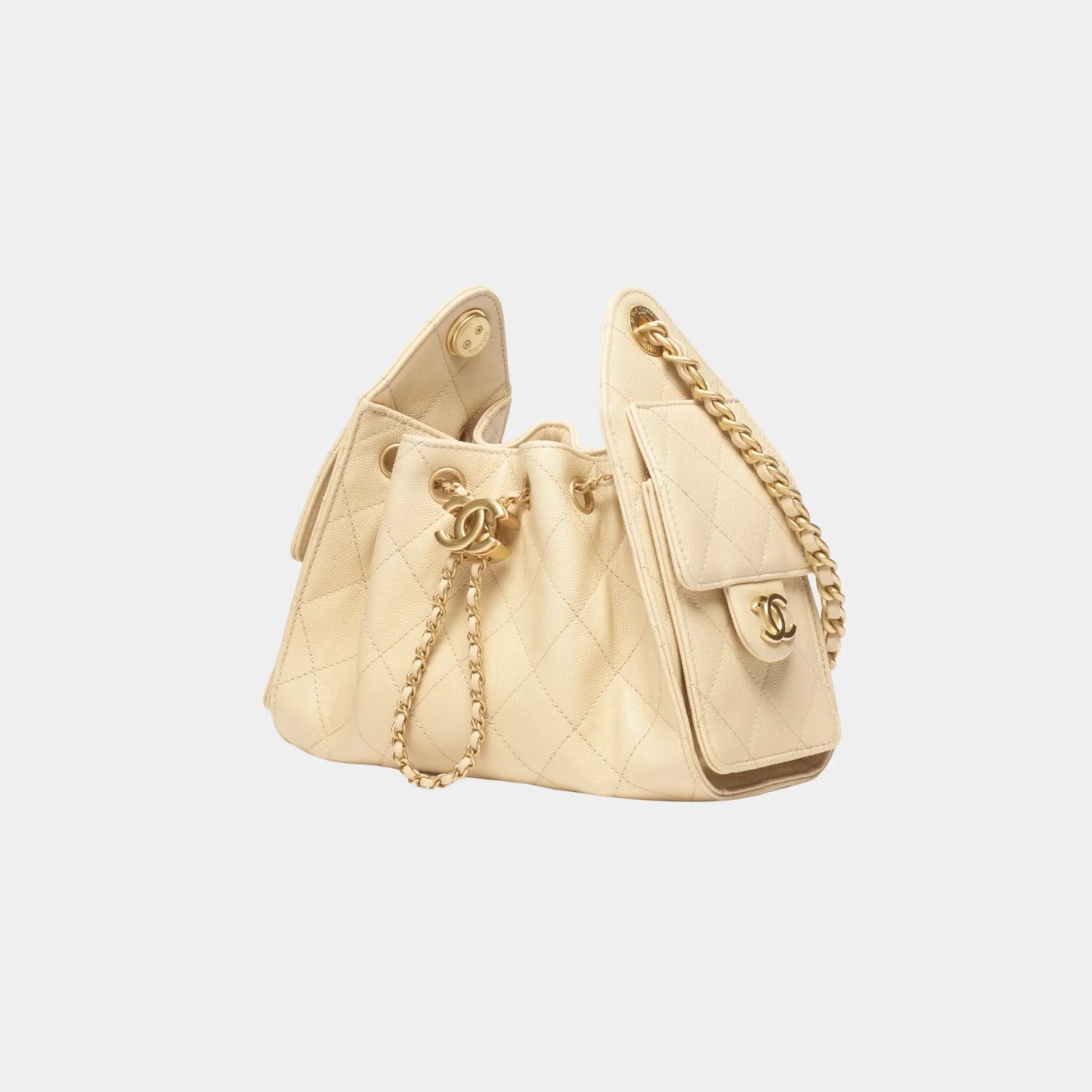 Chanel 25 Mini Handbag in Grained Calfskin &amp; Gold-Tone Metal, Beige, Side