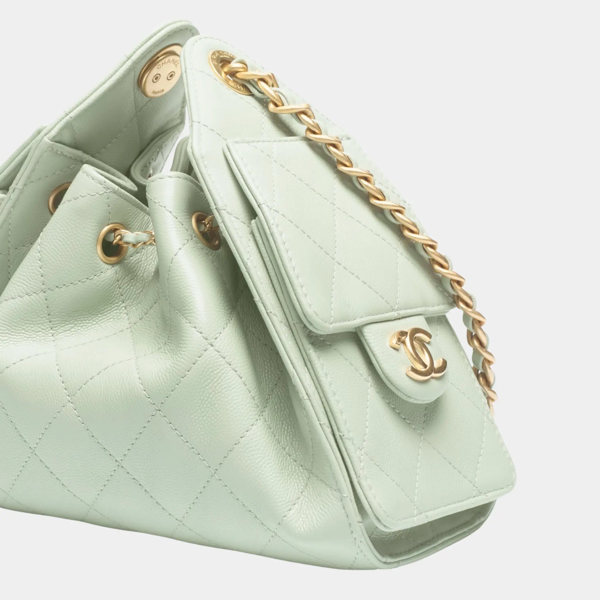 Chanel 25 Mini Handbag in Grained Calfskin &amp; Gold-Tone Metal, Light Green, Close