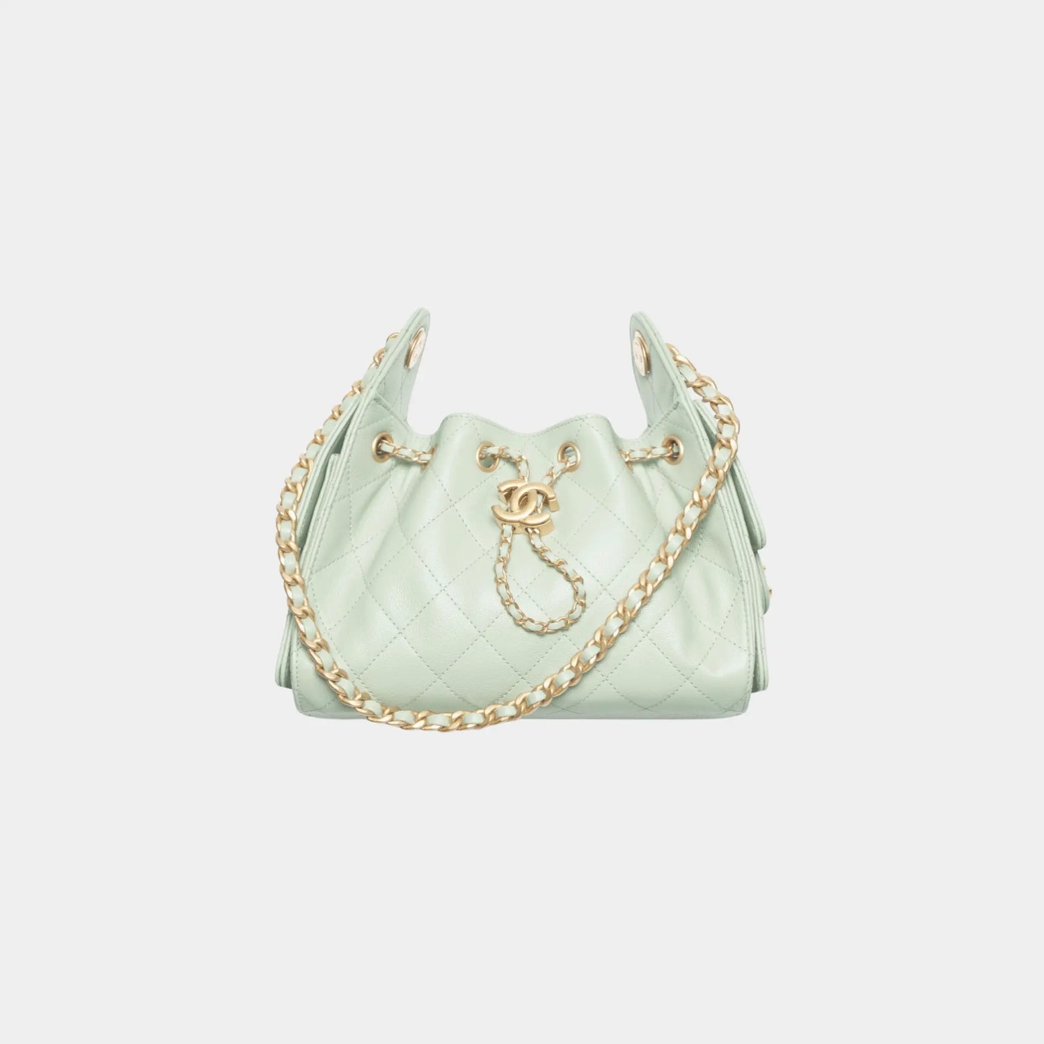 Chanel 25 Mini Handbag in Grained Calfskin &amp; Gold-Tone Metal, Light Green, Front