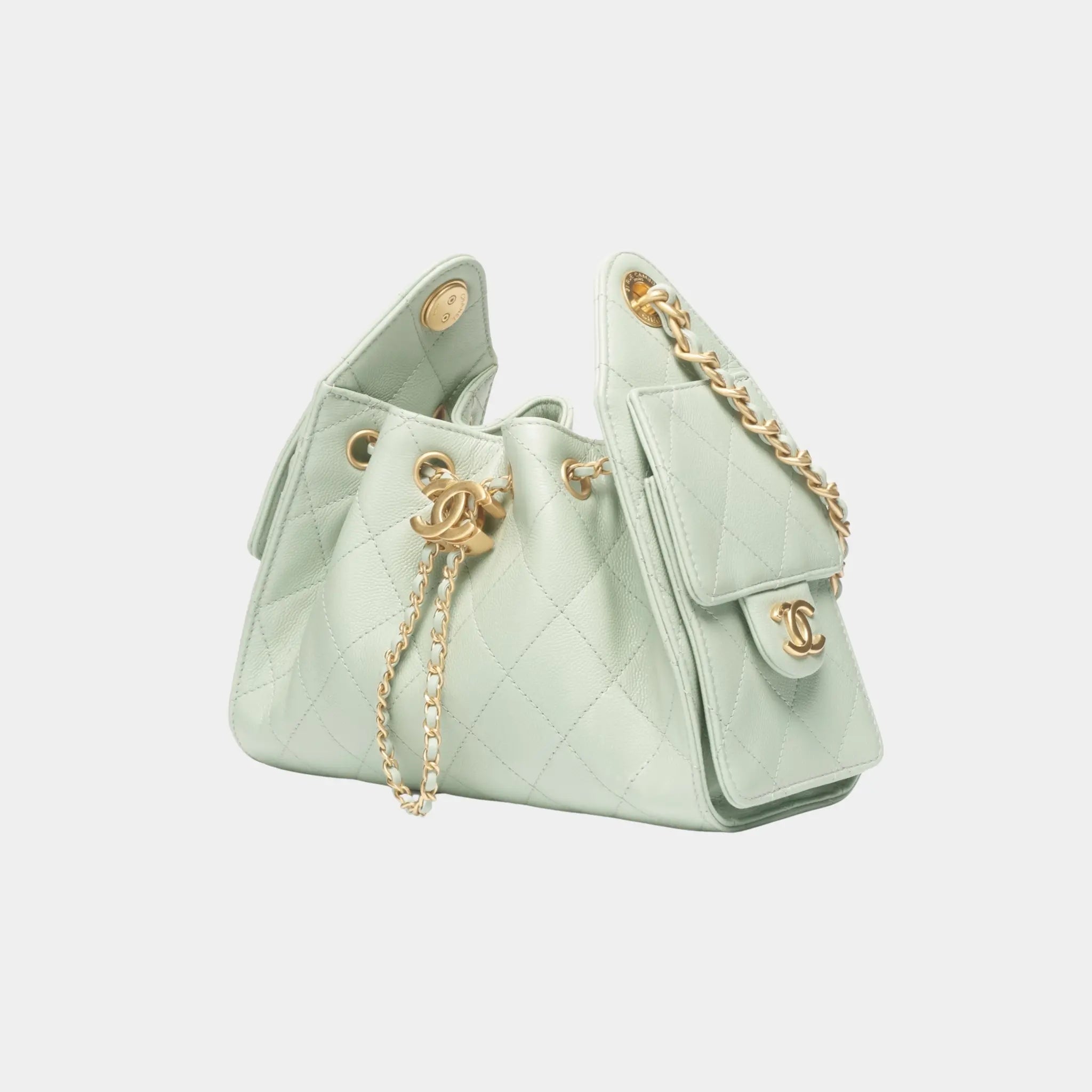 Chanel 25 Mini Handbag in Grained Calfskin &amp; Gold-Tone Metal, Light Green, Side