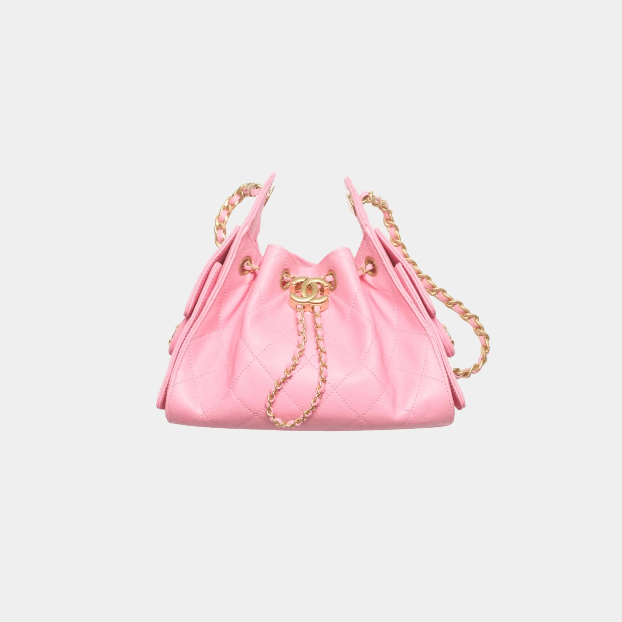 Chanel 25 Mini Handbag in Grained Calfskin &amp; Gold-Tone Metal, Pink, Front