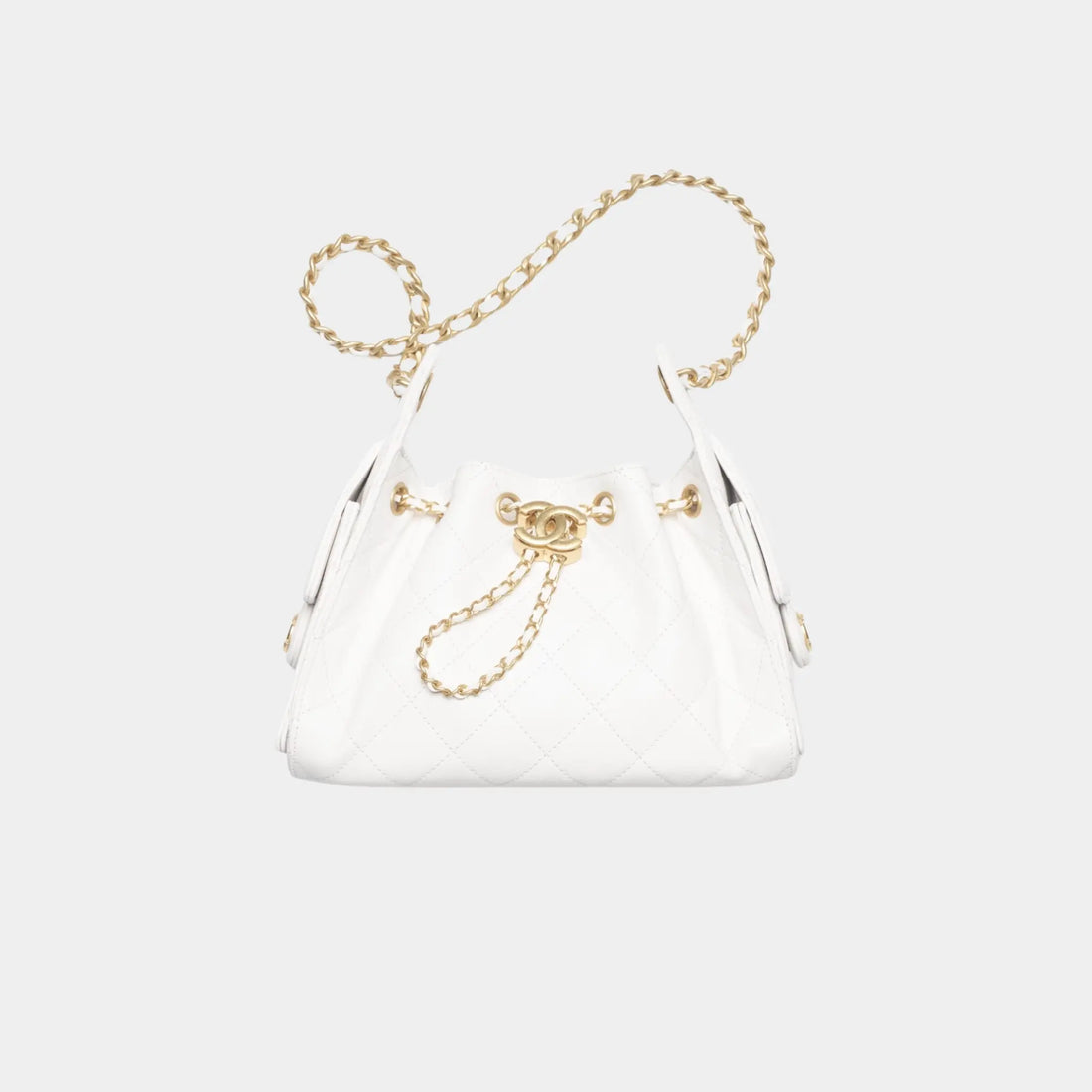 Chanel 25 Mini Handbag in Grained Calfskin & Gold-Tone Metal, White, Front