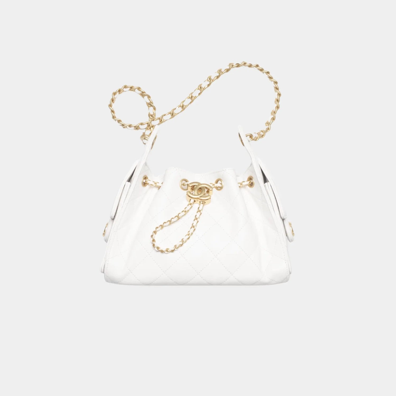 Chanel 25 Mini Handbag in Grained Calfskin &amp; Gold-Tone Metal, White, Front