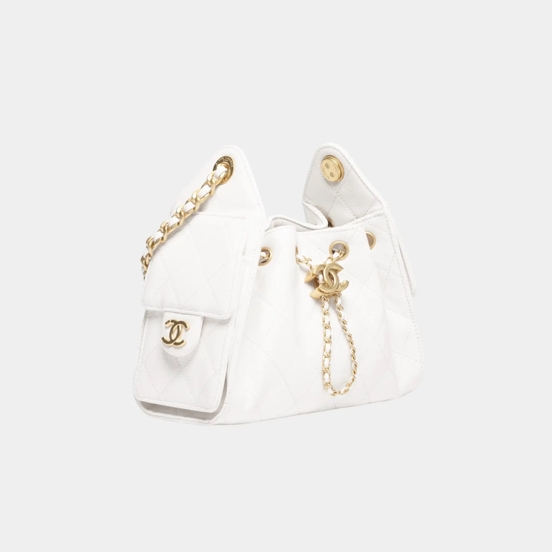Chanel 25 Mini Handbag in Grained Calfskin & Gold-Tone Metal, White, Side