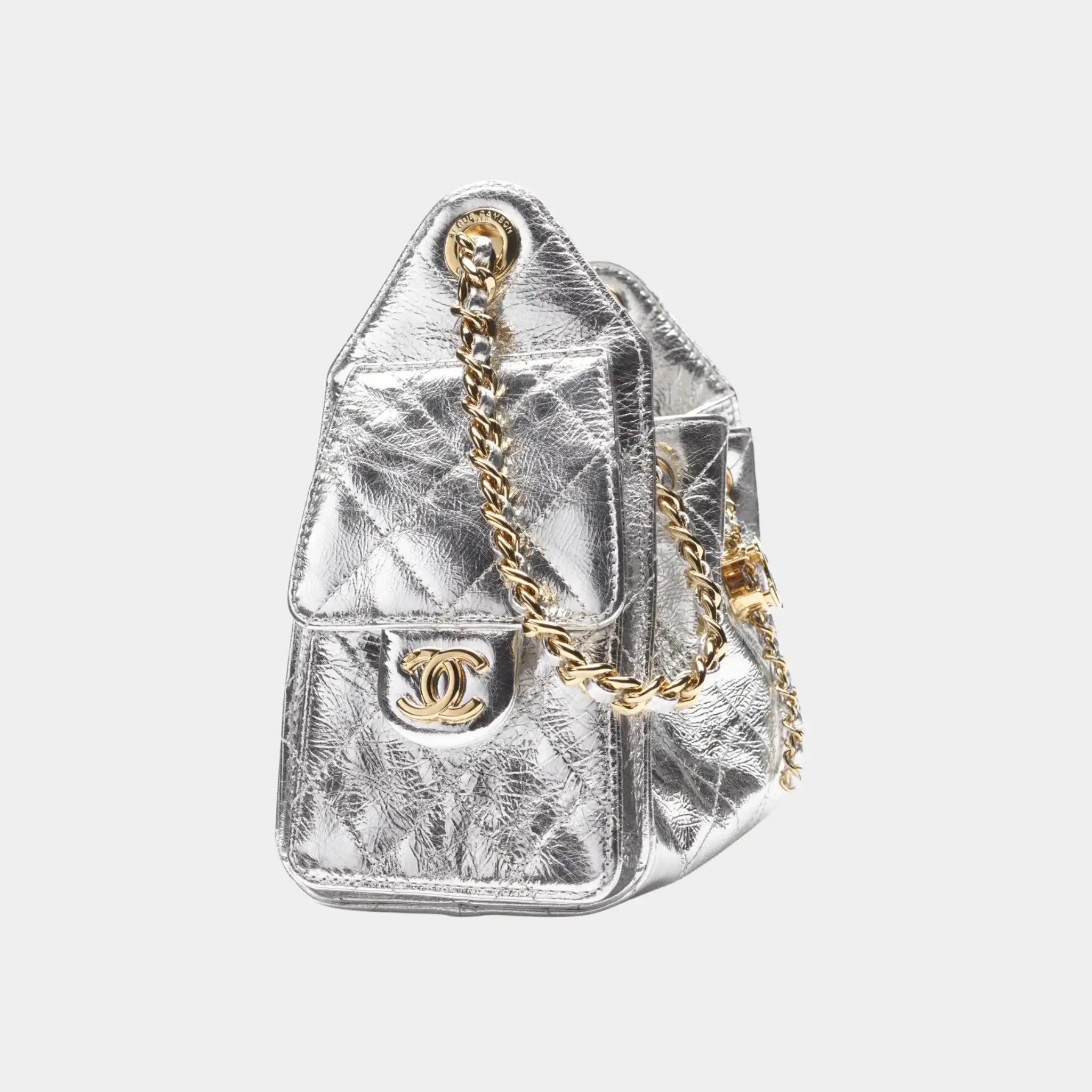Chanel 25 Mini Handbag in Metallic Calfskin &amp; Gold Metal, Silver, Side