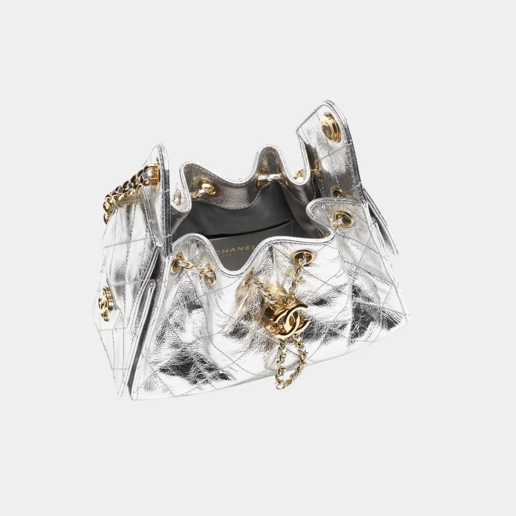 Chanel 25 Mini Handbag in Metallic Calfskin &amp; Gold Metal, Silver, Top