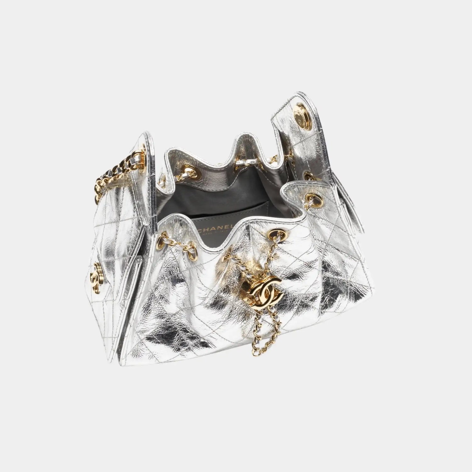 Chanel 25 Mini Handbag in Metallic Calfskin, Silver, Top