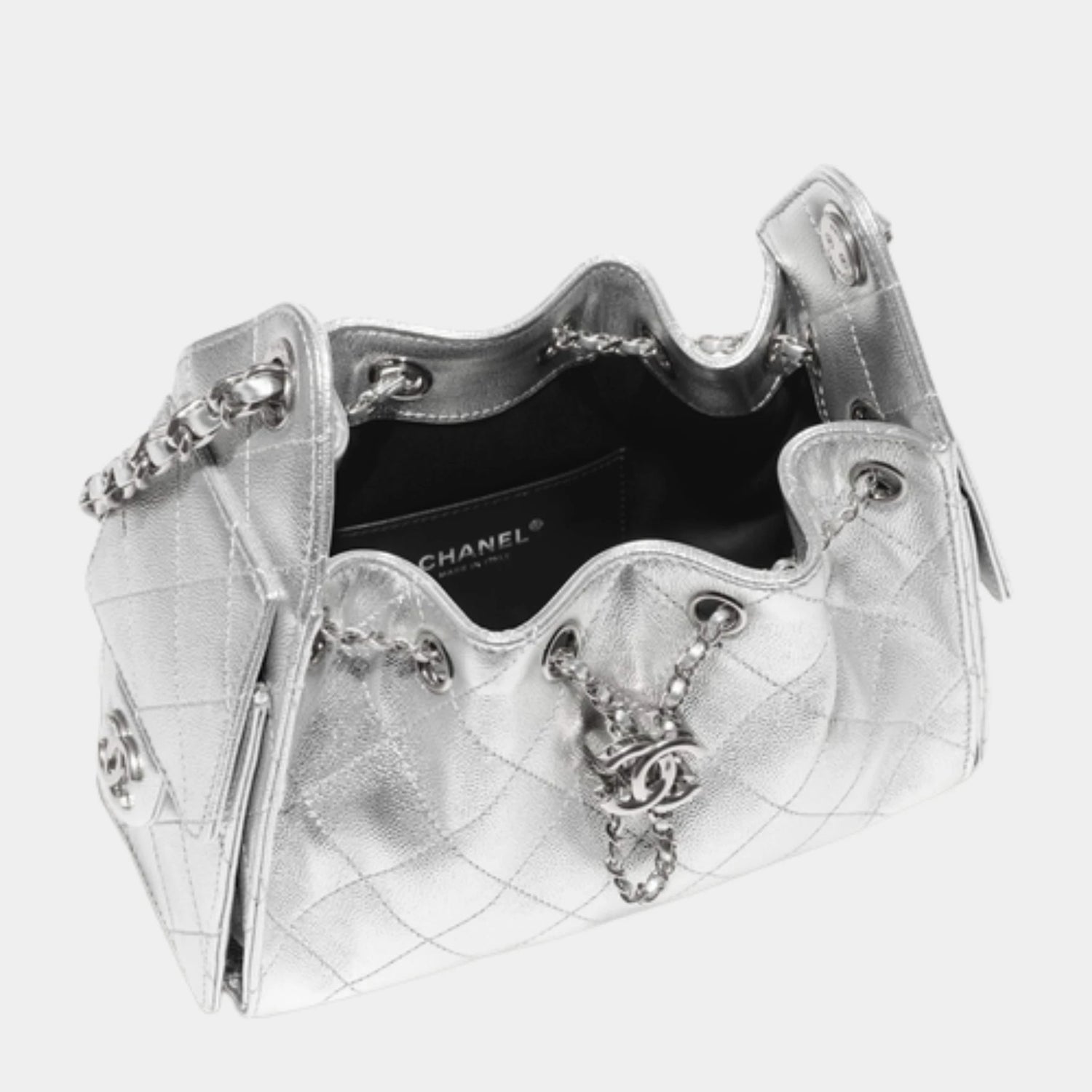 Chanel 25 Mini Handbag in Metallic Grained Calfskin, SIlvery, Top