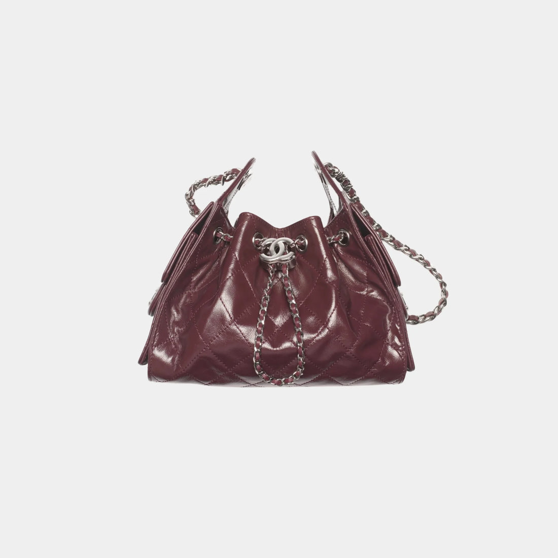 Chanel 25 Mini Handbag Shiny Crumpled Calfskin &amp; Silver-Tone Metal, Dark Burgundy, Front