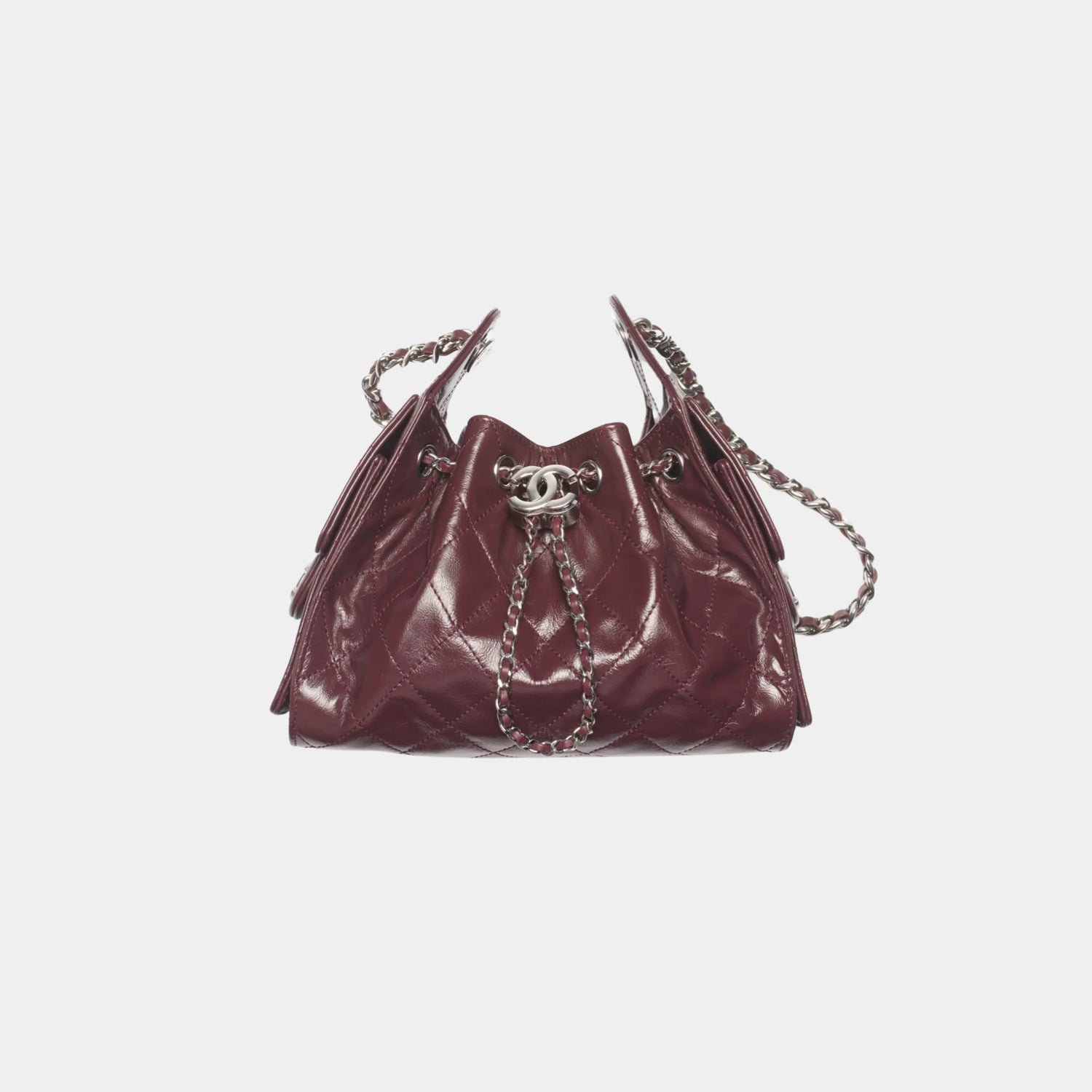 Chanel 25 Mini Handbag Shiny Crumpled Calfskin &amp; Silver-Tone Metal, Dark Burgundy, Front