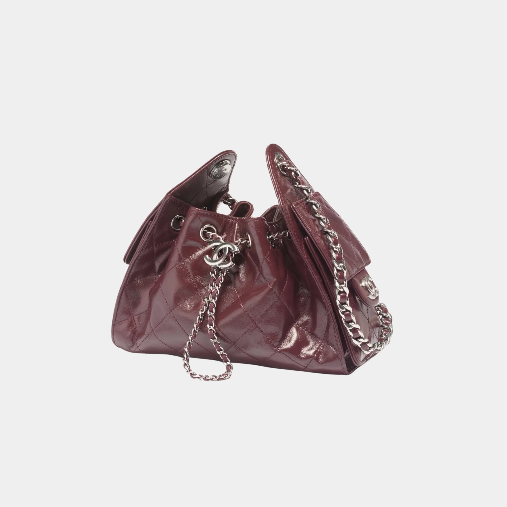 Chanel 25 Mini Handbag Shiny Crumpled Calfskin &amp; Silver-Tone Metal, Dark Burgundy, Side
