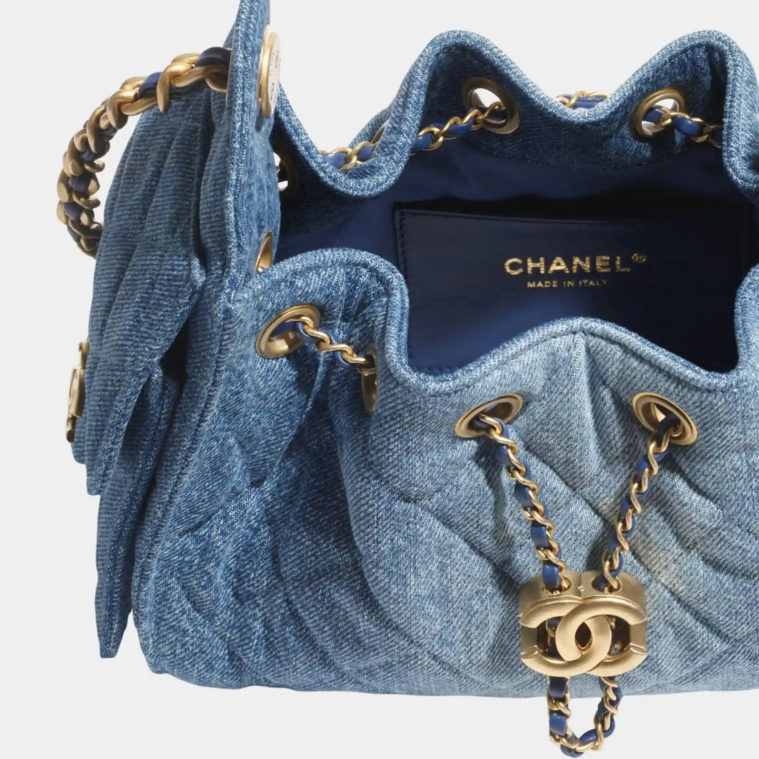 Chanel 25 Mini Handbag Washed Denim & Gold Tone Metal, Blue,Top 