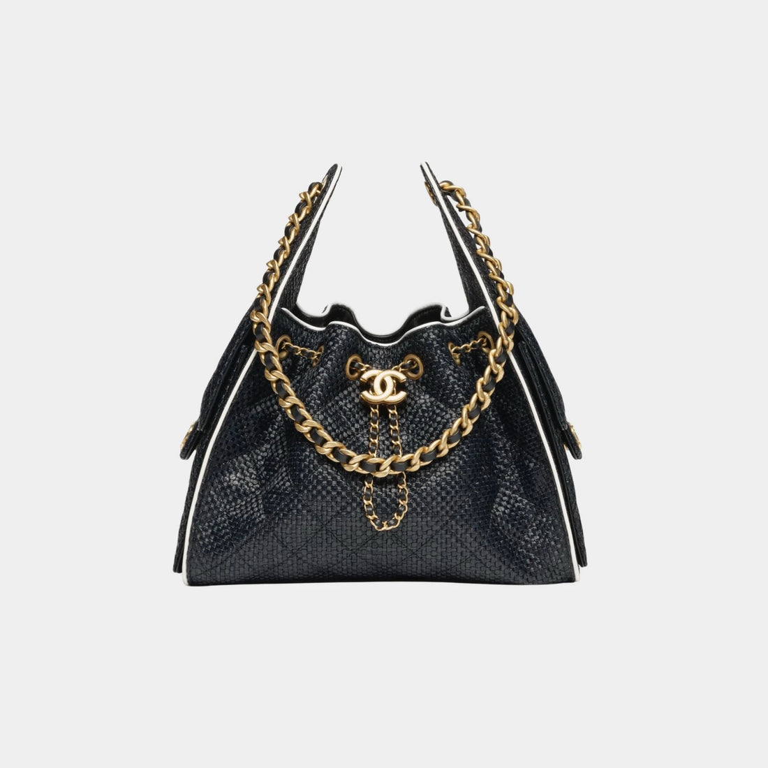 Chanel 25 Small Handbag Braided Raffia Calfskin & Gold Tone Metal, Black and White