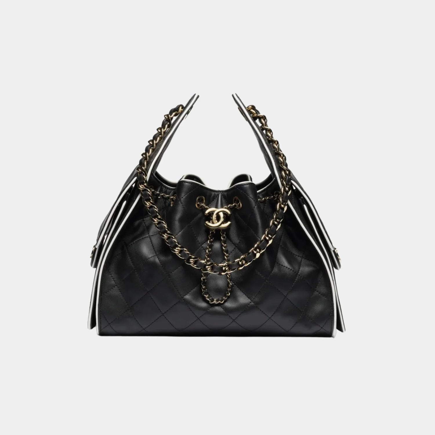 Chanel 25 Small Handbag Calfskin &amp; Gold-Tone Metal Black &amp; White, Front