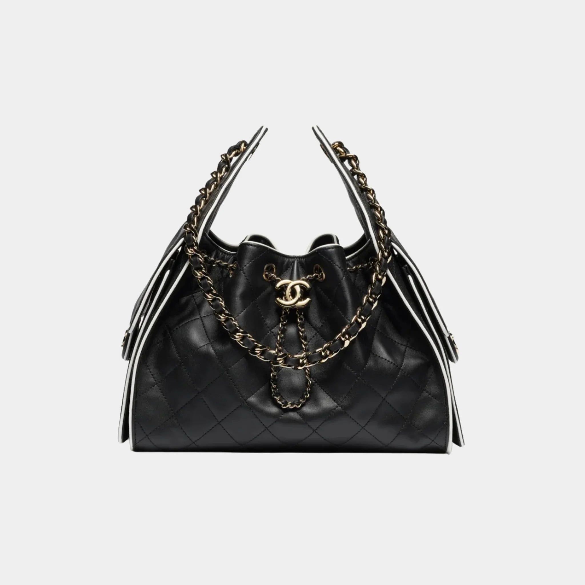 Chanel 25 Small Handbag Calfskin &amp; Gold-Tone Metal Black &amp; White, Front