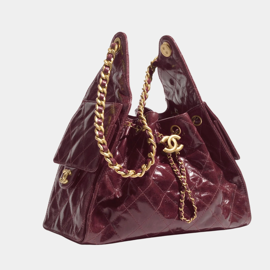 Chanel 25 Small Handbag Calfskin & Gold Tone Metal, shint grained calskin, burgundy , side 