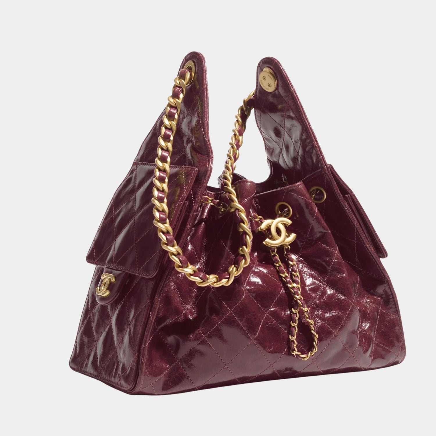 Chanel 25 Small Handbag Calfskin &amp; Gold Tone Metal, shint grained calskin, burgundy , side 