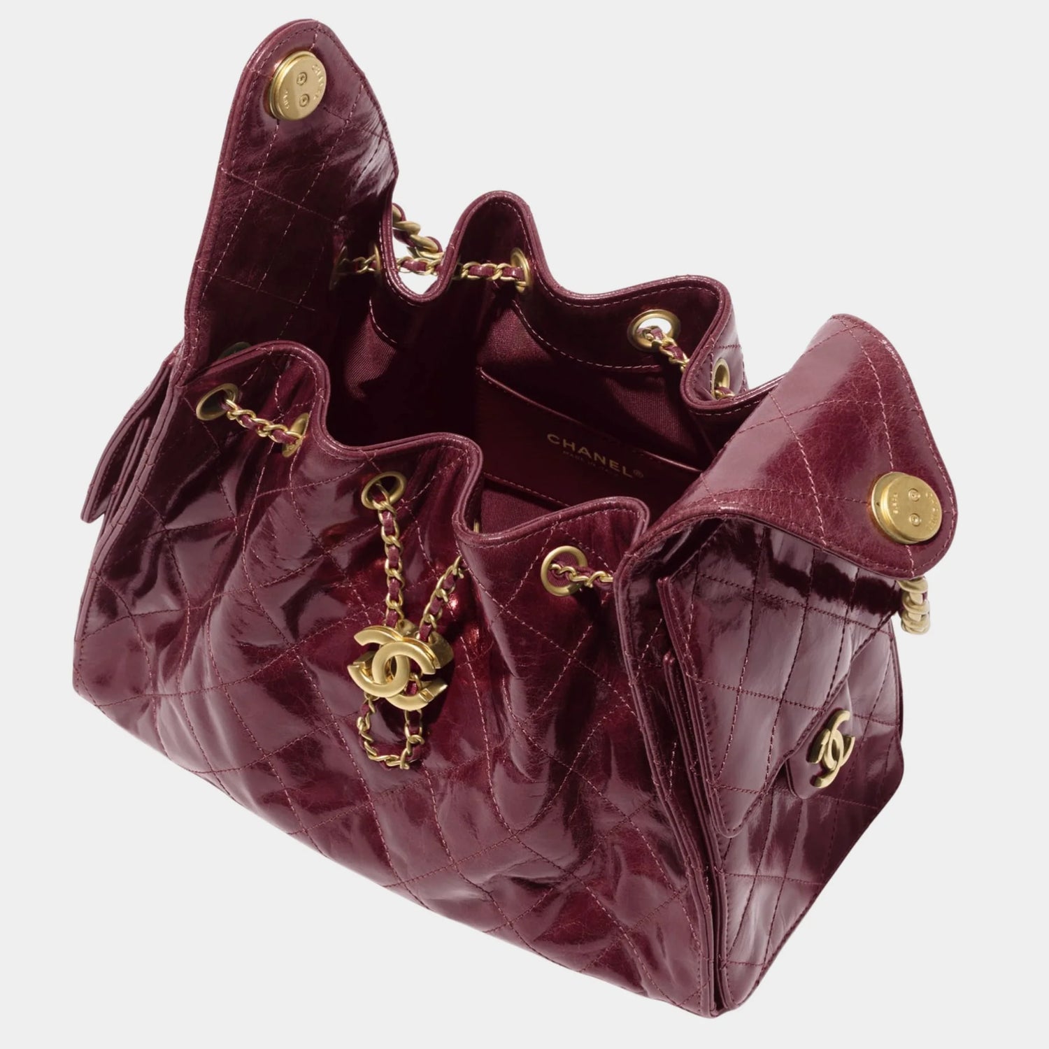 Chanel 25 Small Handbag Calfskin &amp; Gold Tone Metal, shint grained calskin, burgundy , Top 
