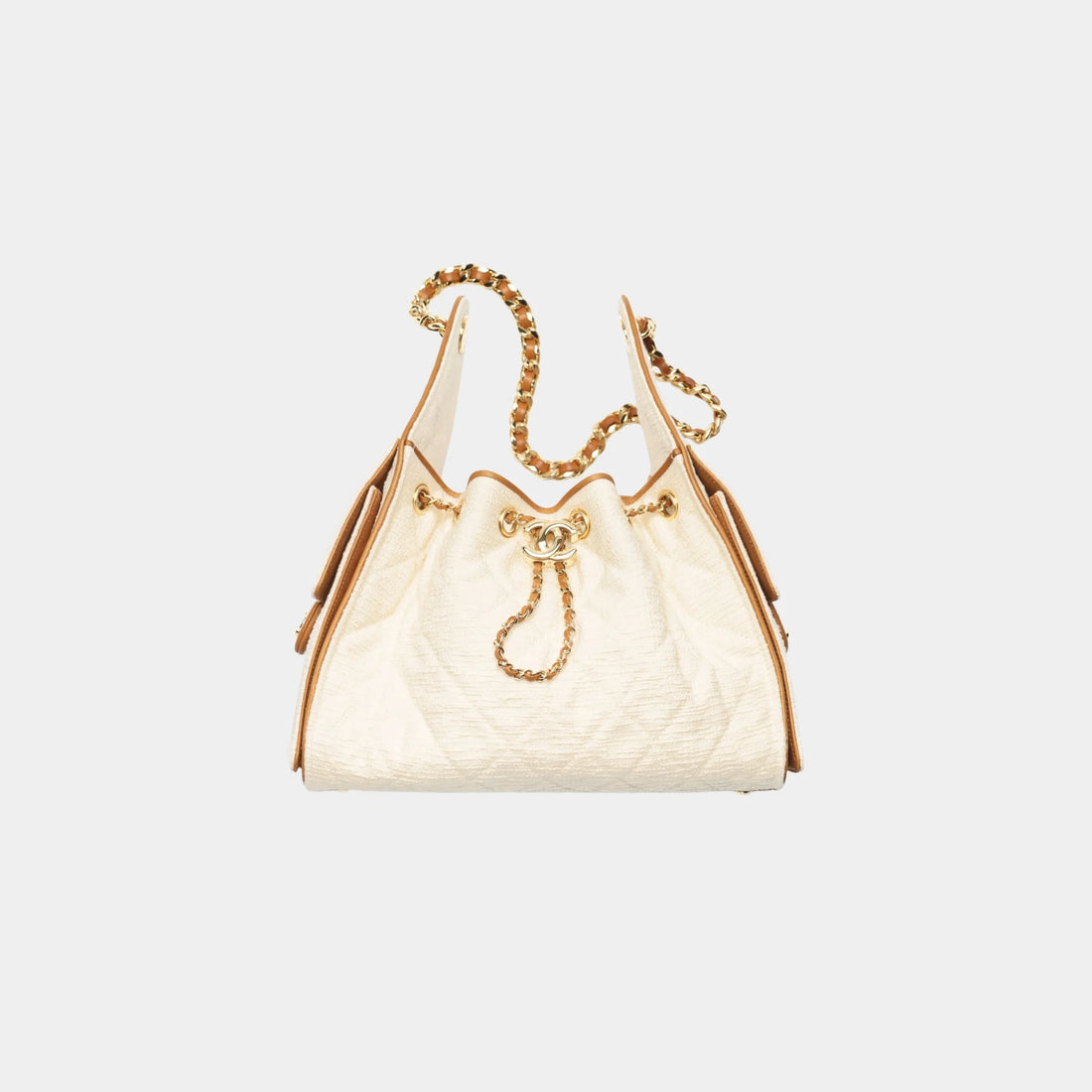 Chanel 25 Small Handbag Canvas Calfskin &amp; Gold-Tone Metal, Ecru Camel, Front