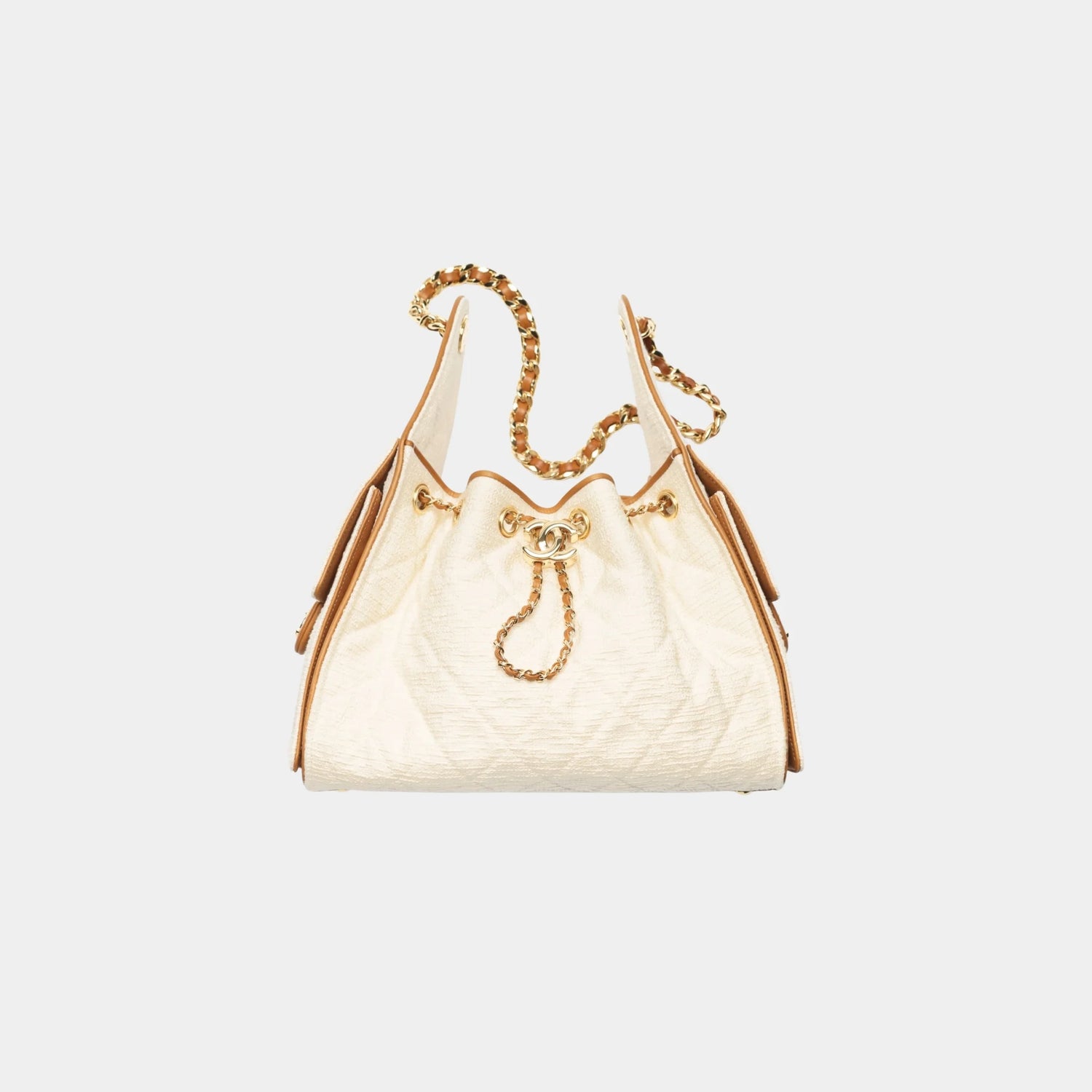 Chanel 25 Small Handbag Canvas Calfskin &amp; Gold-Tone Metal, Ecru Camel, Front