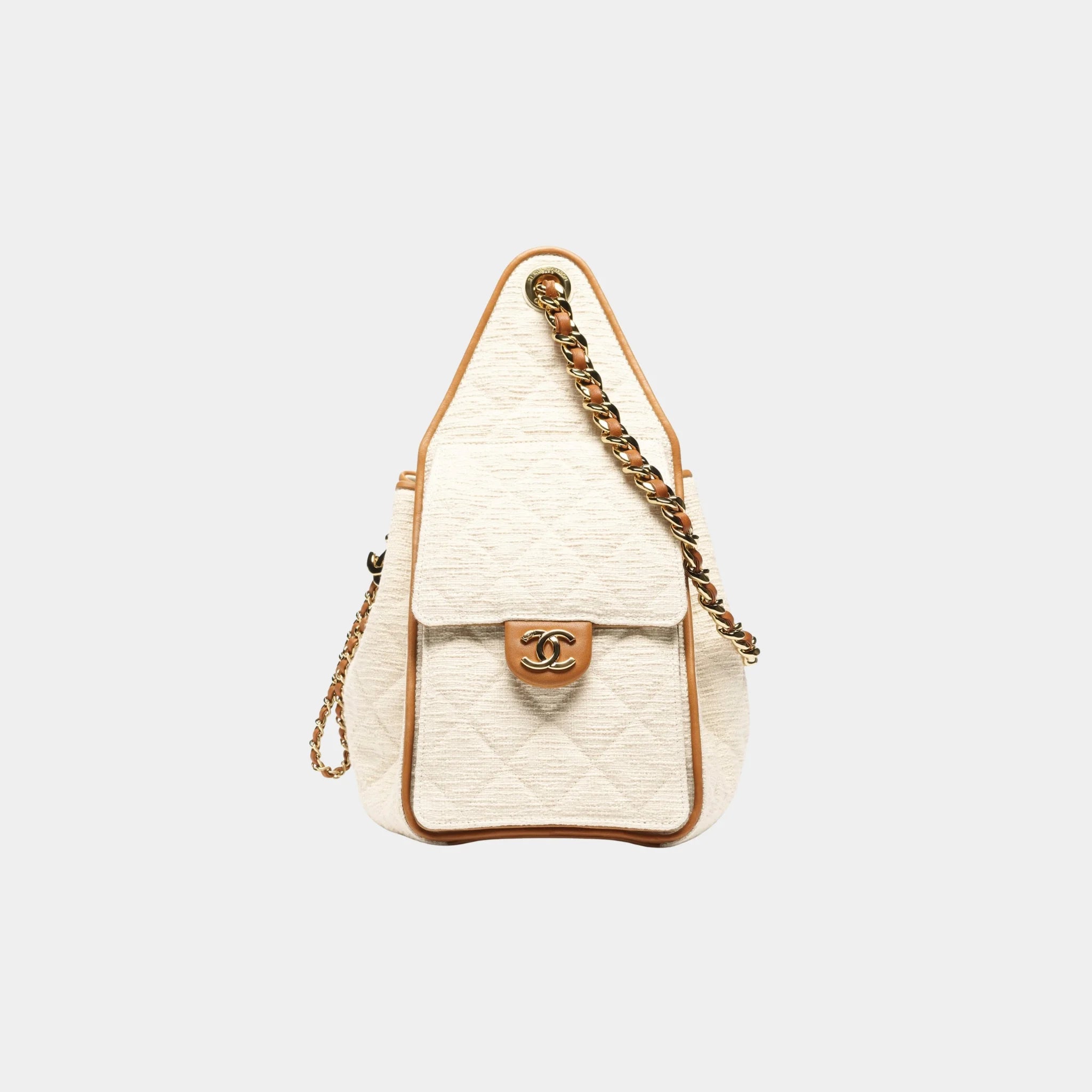 Chanel 25 Small Handbag Canvas Calfskin &amp; Gold-Tone Metal, Ecru Camel, Side