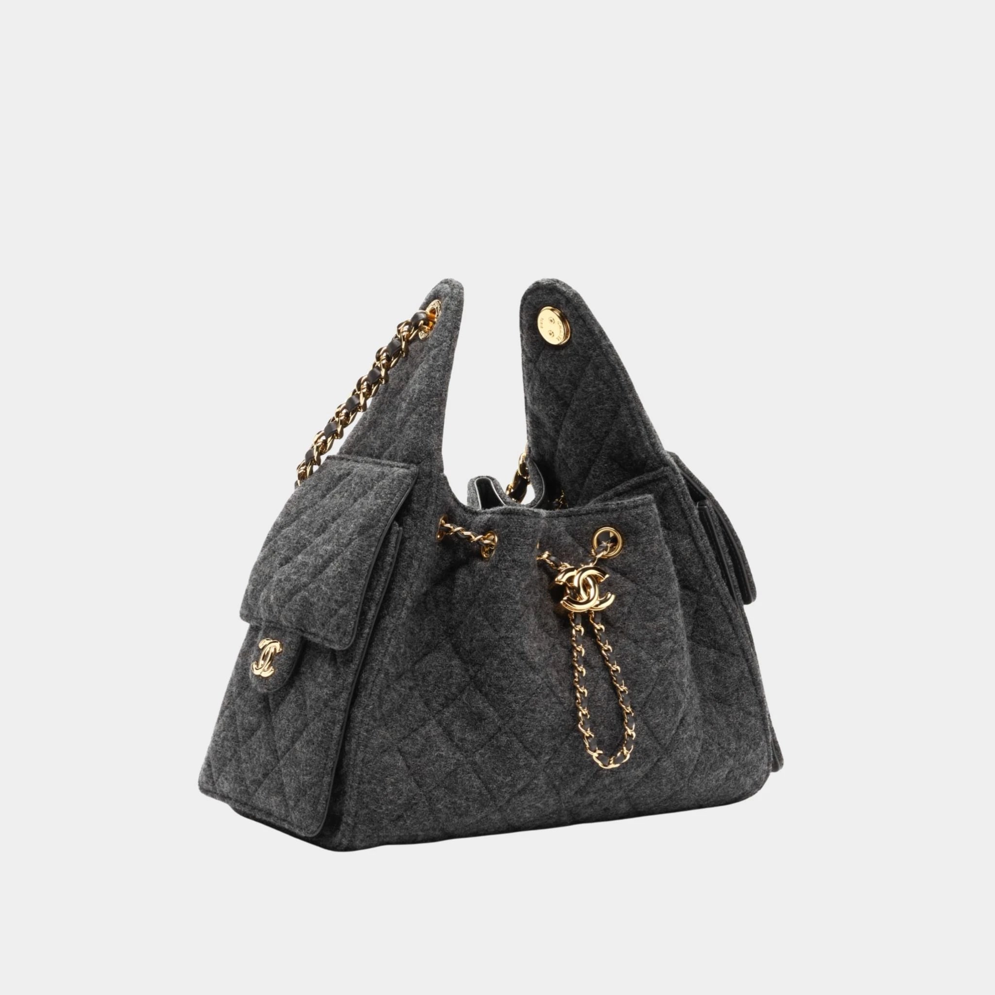 Chanel 25 Small Handbag Felt &amp; Gold-Tone Metal Dark Grey