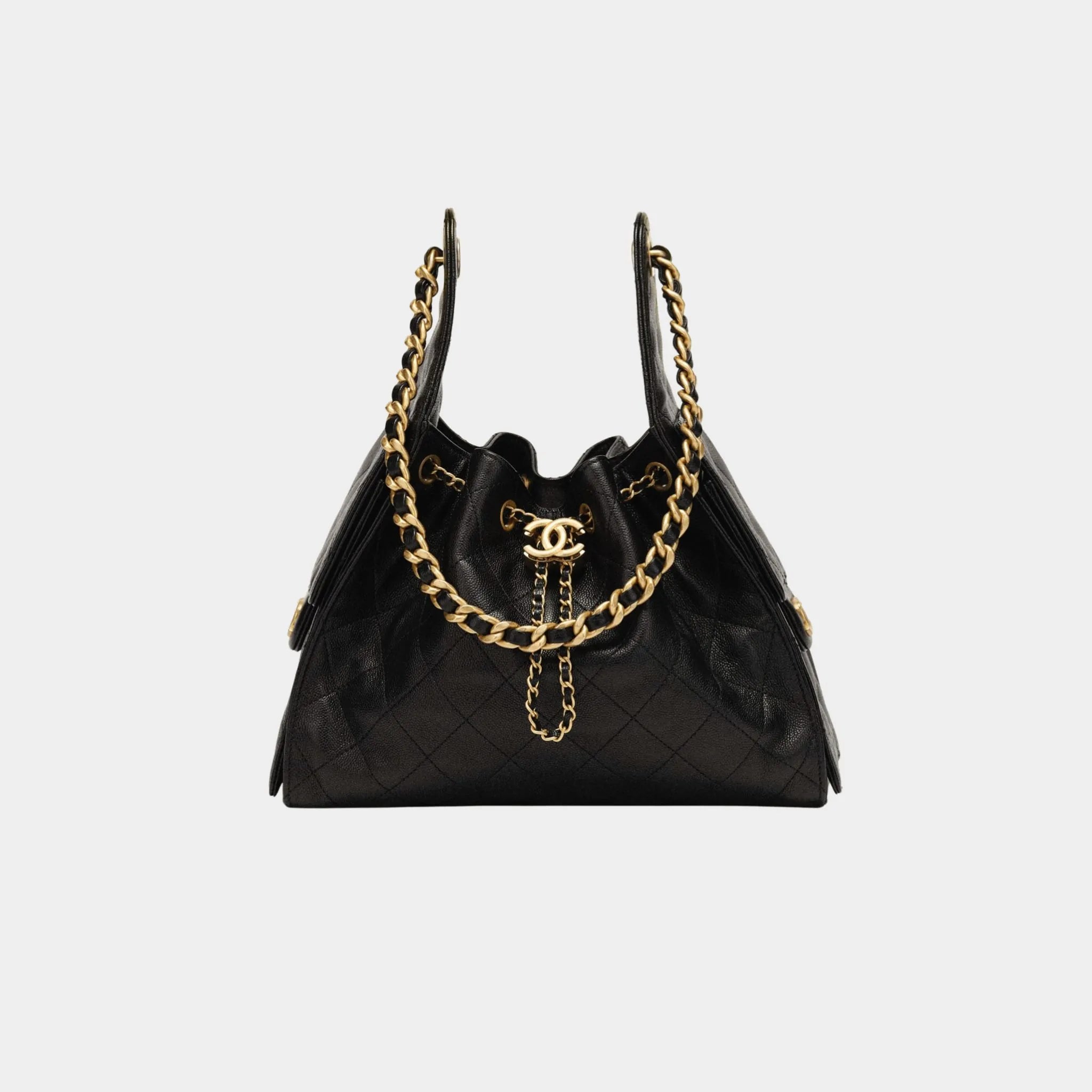 Chanel 25 Small Handbag Gained Calfskin &amp; Gold Tone Metal , Black ,front 