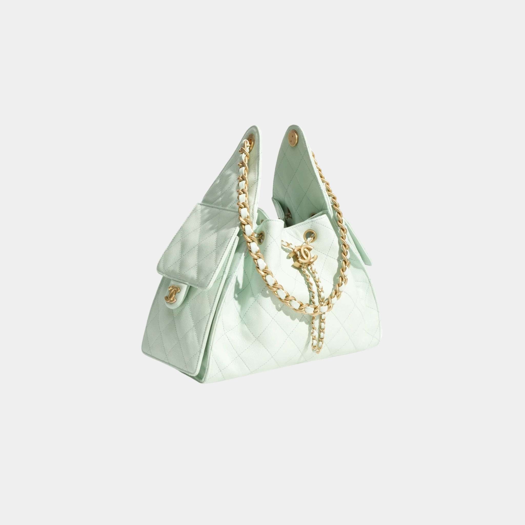 Chanel 25 Small Handbag Grained Calfskin And Gold-Tone Metal, Light Green, Front