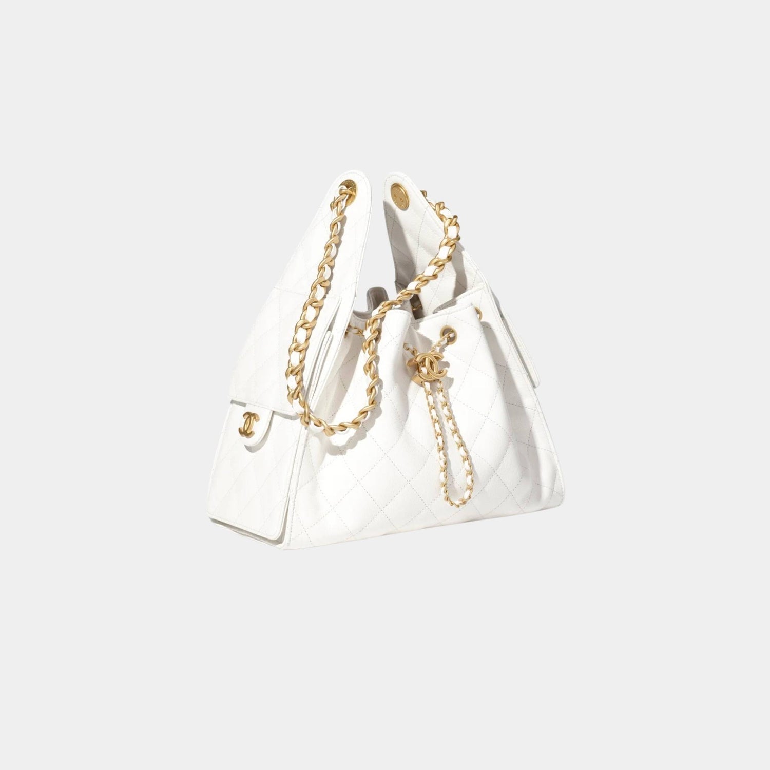 Chanel 25 Small Handbag Grained Calfskin And Gold-Tone Metal, White, Front