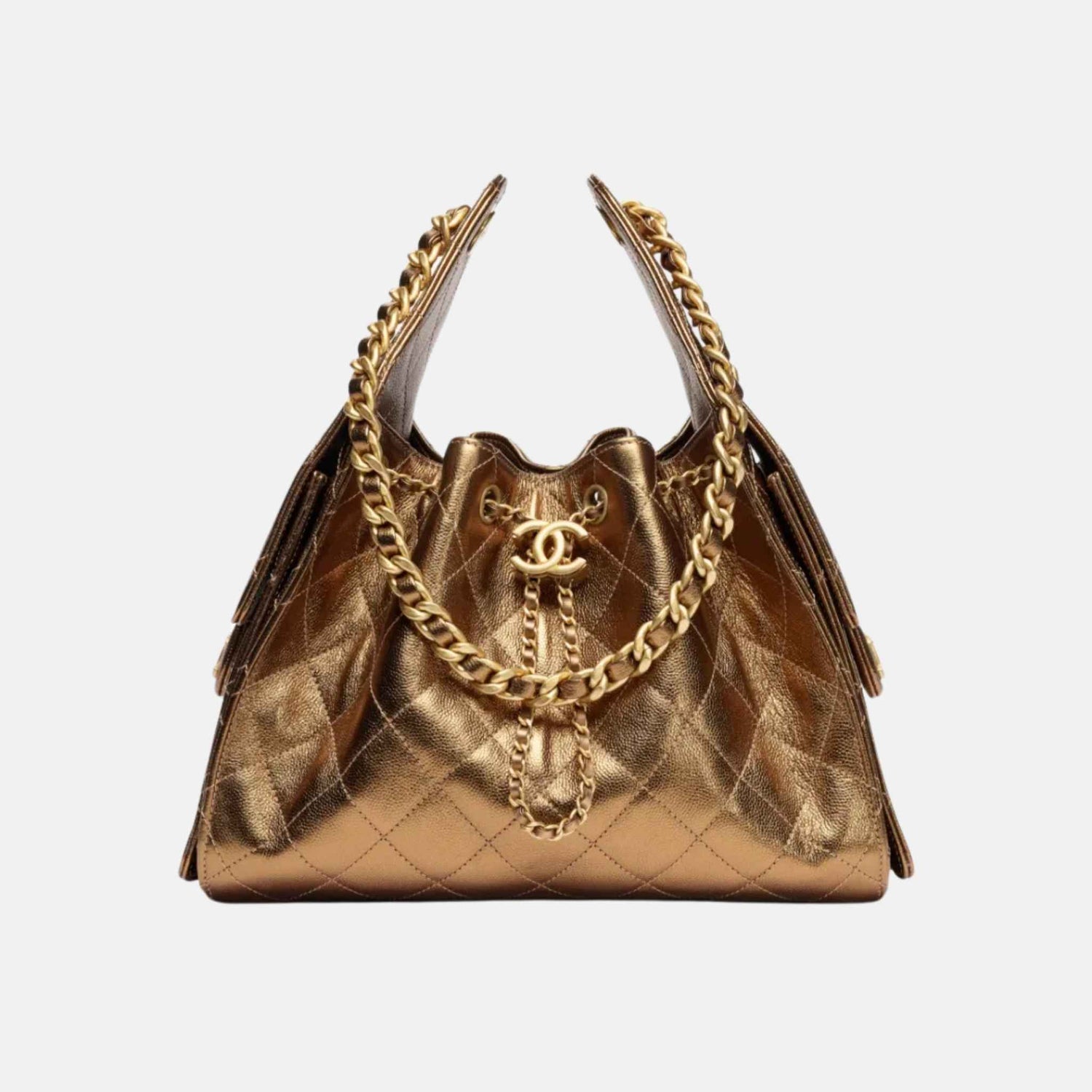 Chanel 25 Small Handbag Metallic Grained Calfskin And Gold Metal, Dark Gold, Front