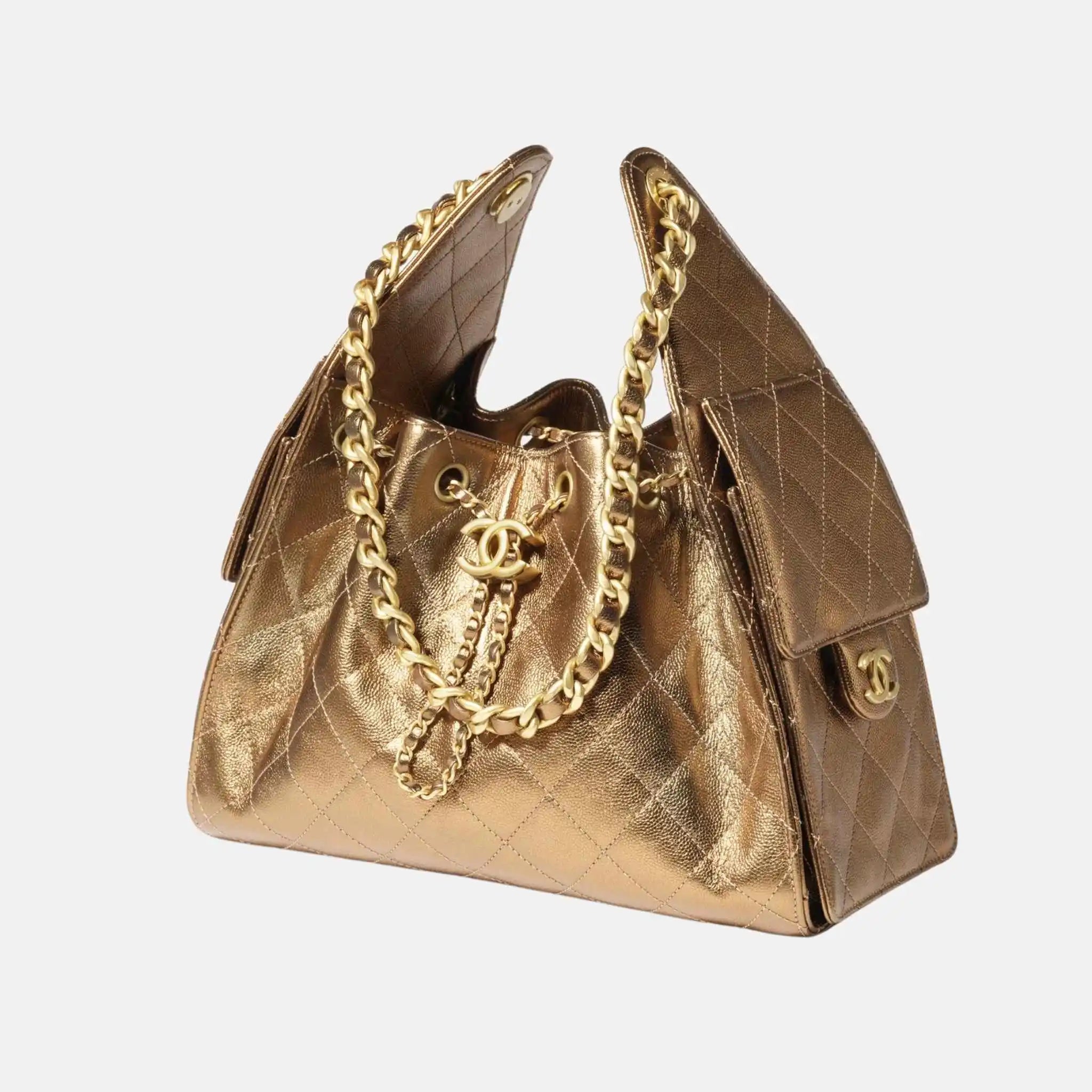 Chanel 25 Small Handbag Metallic Grained Calfskin And Gold Metal, Dark Gold, Side