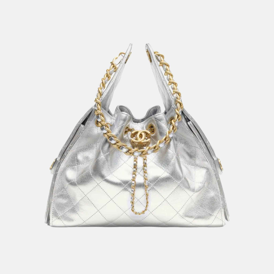 Chanel 25 Small Handbag Metallic Grained Calfskin And Gold Metal, Silver, Front