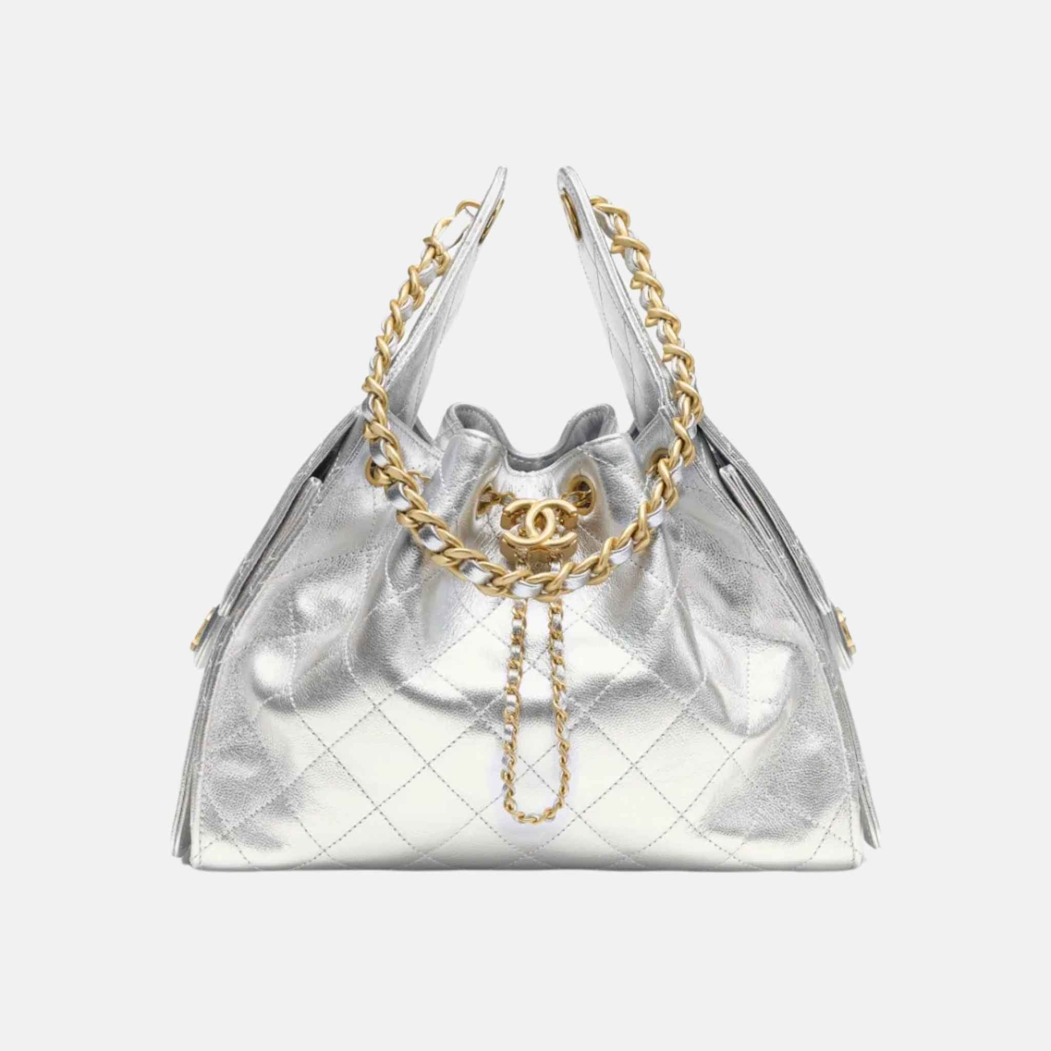 Chanel 25 Small Handbag Metallic Grained Calfskin And Gold Metal, Silver, Front