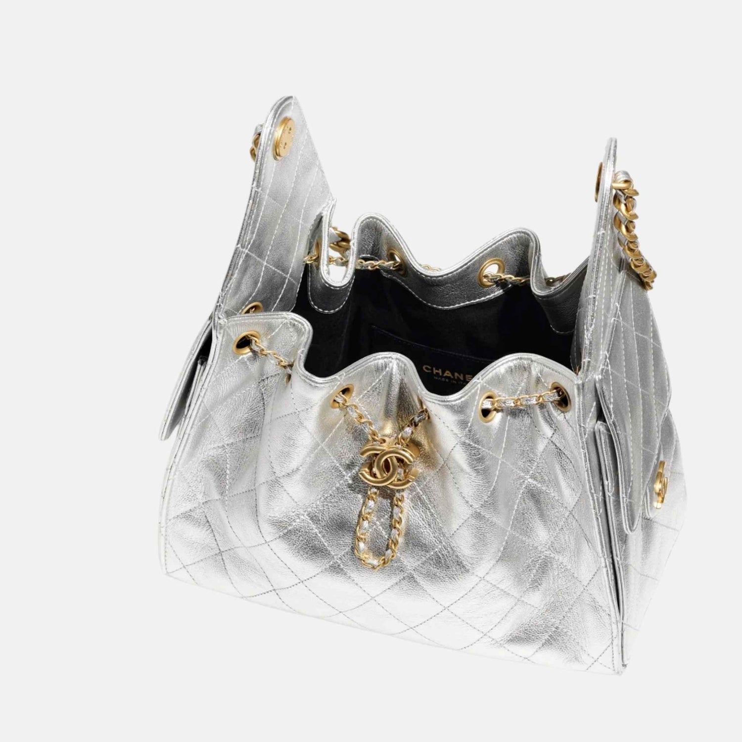 Chanel 25 Small Handbag Metallic Grained Calfskin And Gold Metal, Silver, Inside