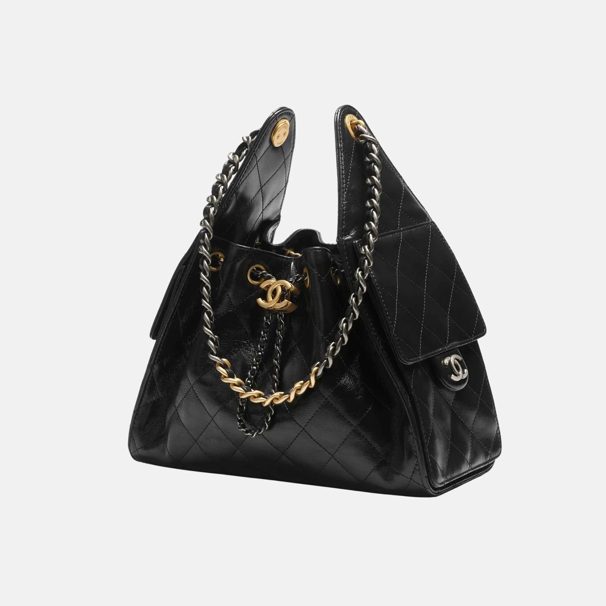 Chanel 25 Small Handbag Shiny Crumpled Calfskin Gold Ruthenium Metal, Front