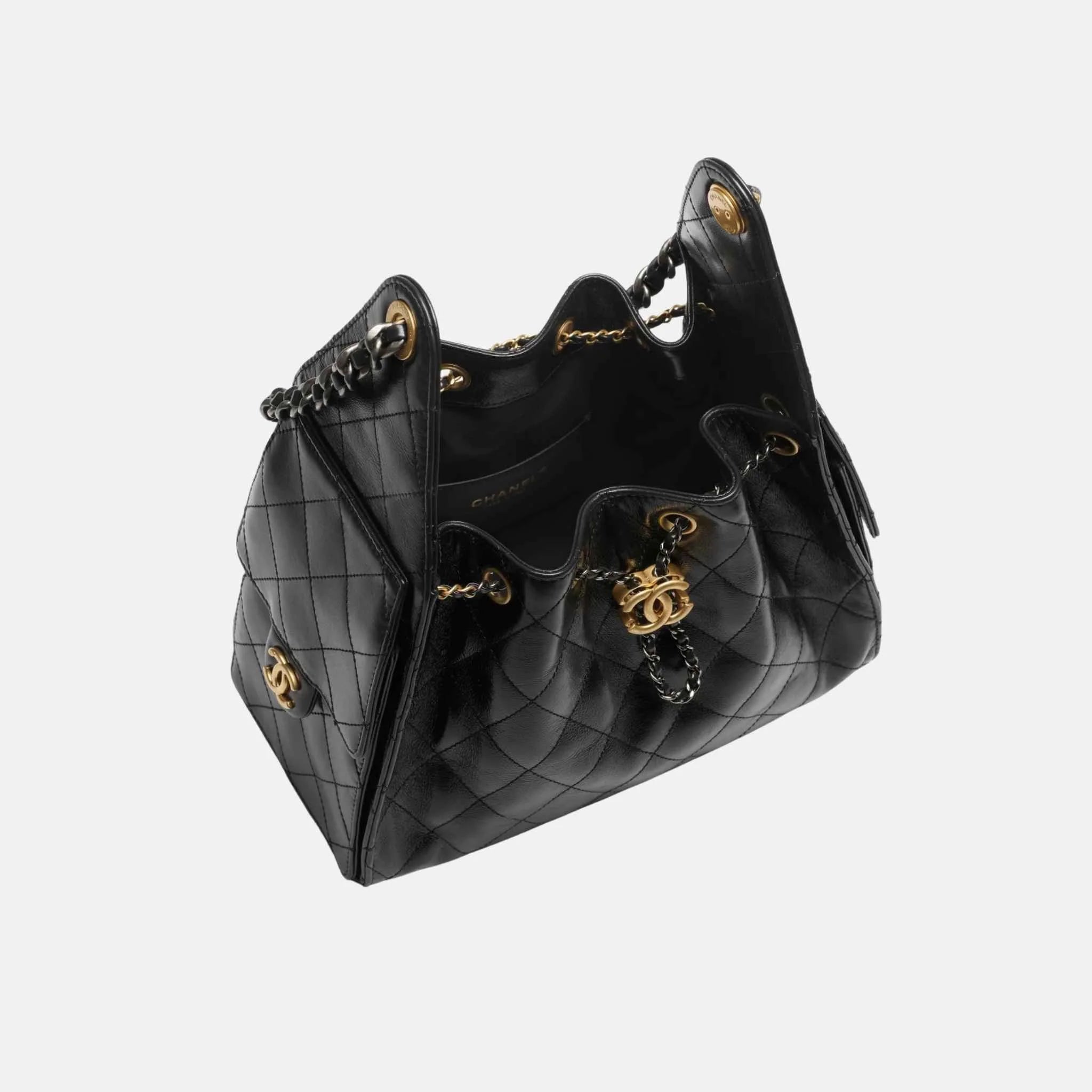 Chanel 25 Small Handbag Shiny Crumpled Calfskin Gold Ruthenium Metal, Inside