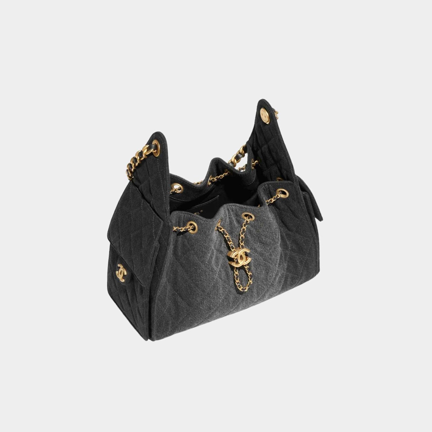 Chanel 25 Small Handbag Washed Denim And Gold-Tone Metal, Black, Top